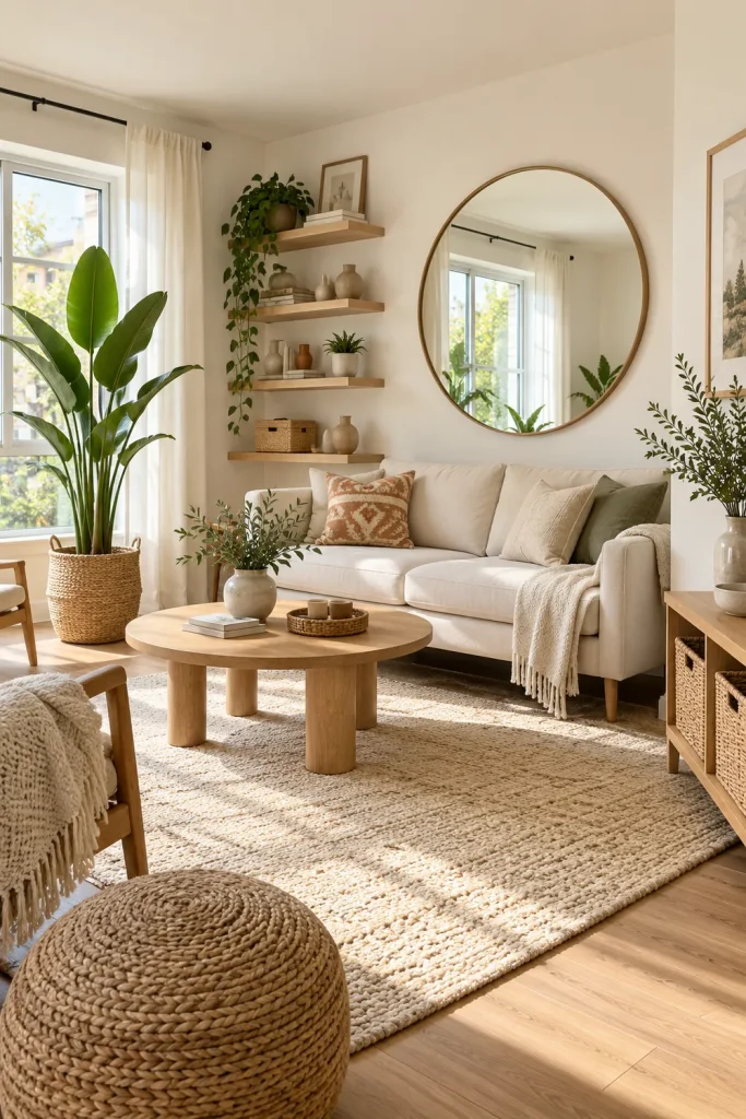 Small boho living room with compact sofa, round table, mirror, and space-saving decor