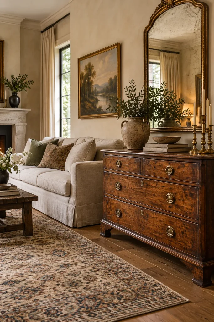 Timeless living room with antique furniture piece, vintage mirror, and collected elegant decor