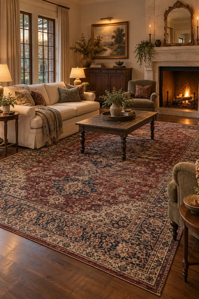 Timeless living room with vintage Persian rug, cream sofa, antique furniture, and classic decor