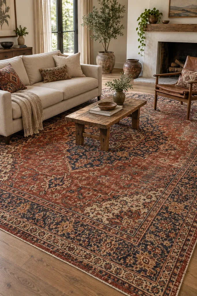 Boho living room featuring a faded Persian-style vintage rug and neutral furniture