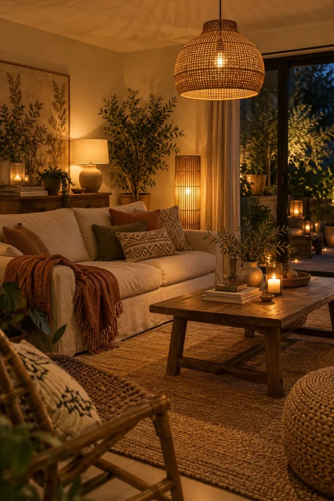 Cozy bohemian living room with warm layered lighting, rattan pendant, and candles