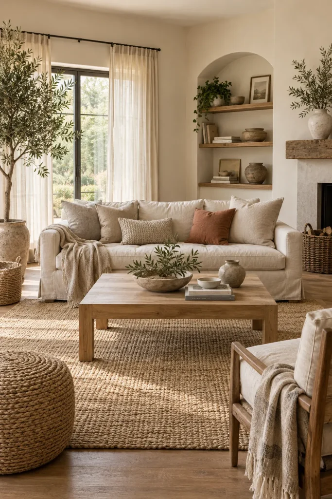 Warm neutral boho living room with cream sofa, jute rug, and wooden furniture