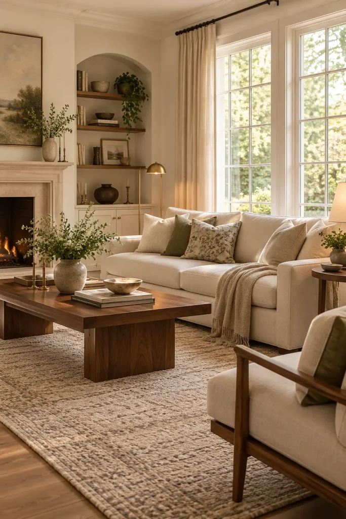 Timeless living room with warm white walls, cream sofa, walnut furniture, and elegant neutral decor