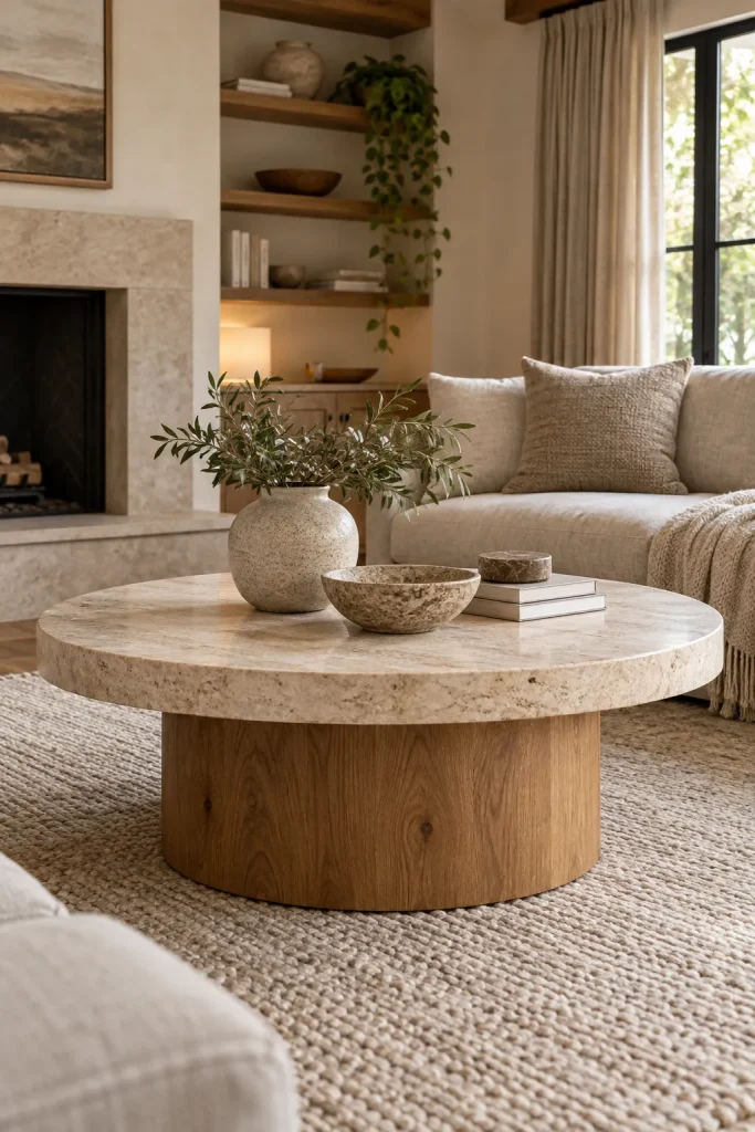 Living room with round wood and stone coffee table, natural textures, and timeless interior design