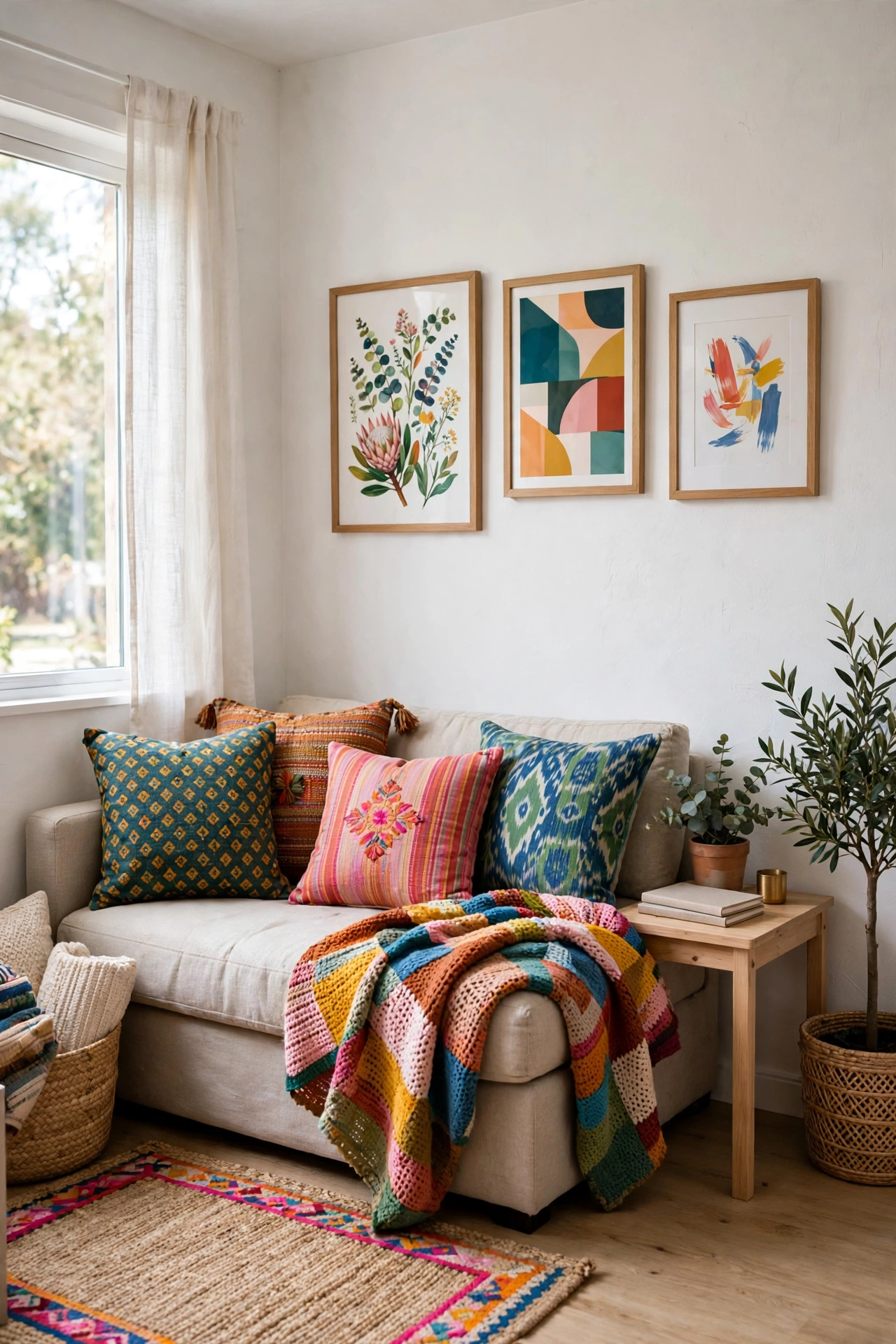 Color added to a tiny living room with cushions, throws, and art, no paint on rental walls
