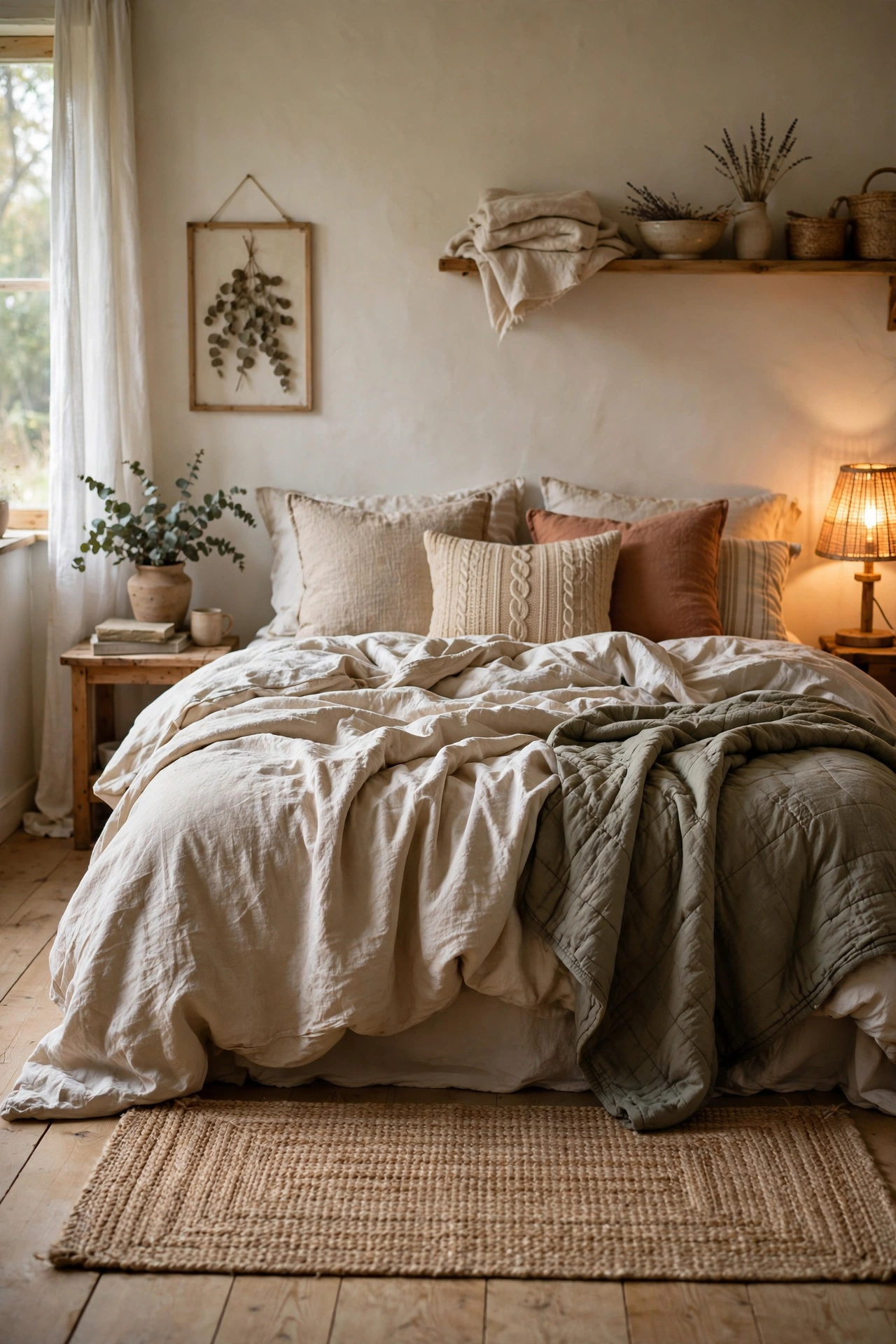 A bedroom made cozy with free changes, layered bedding, warm light, and one rug.
