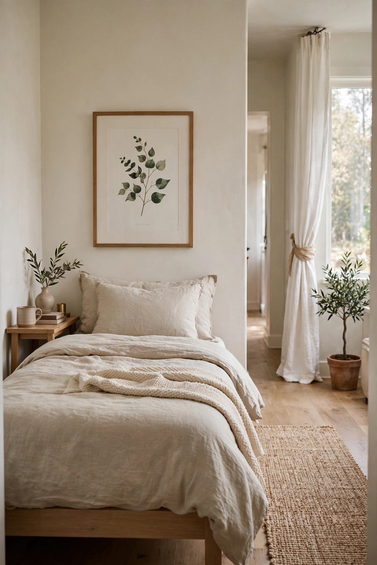 A small bedroom with the bed placed for a clear walking path and one focal point.