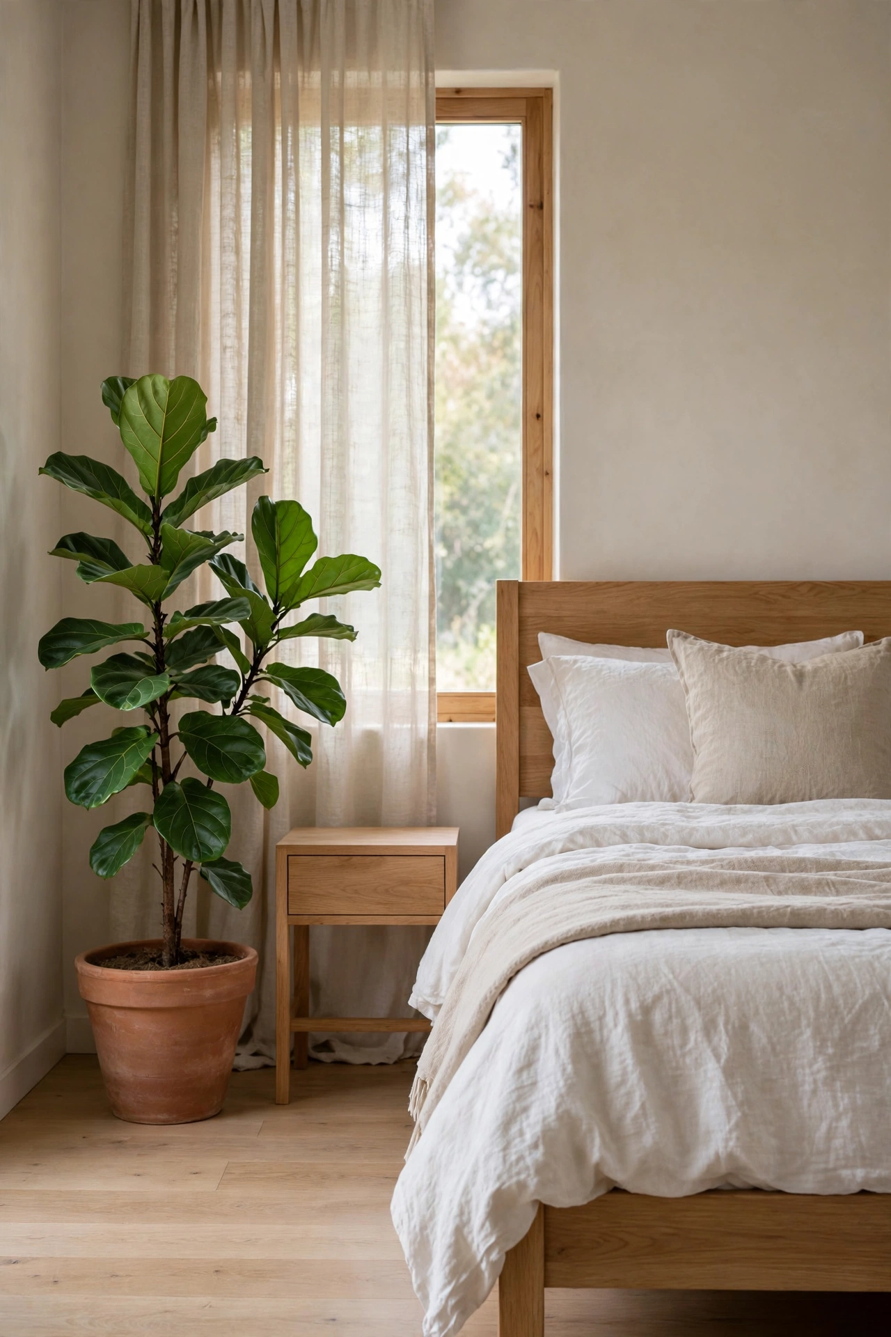 A bedroom with one statement plant in a clay pot beside the bed, clear surfaces.
