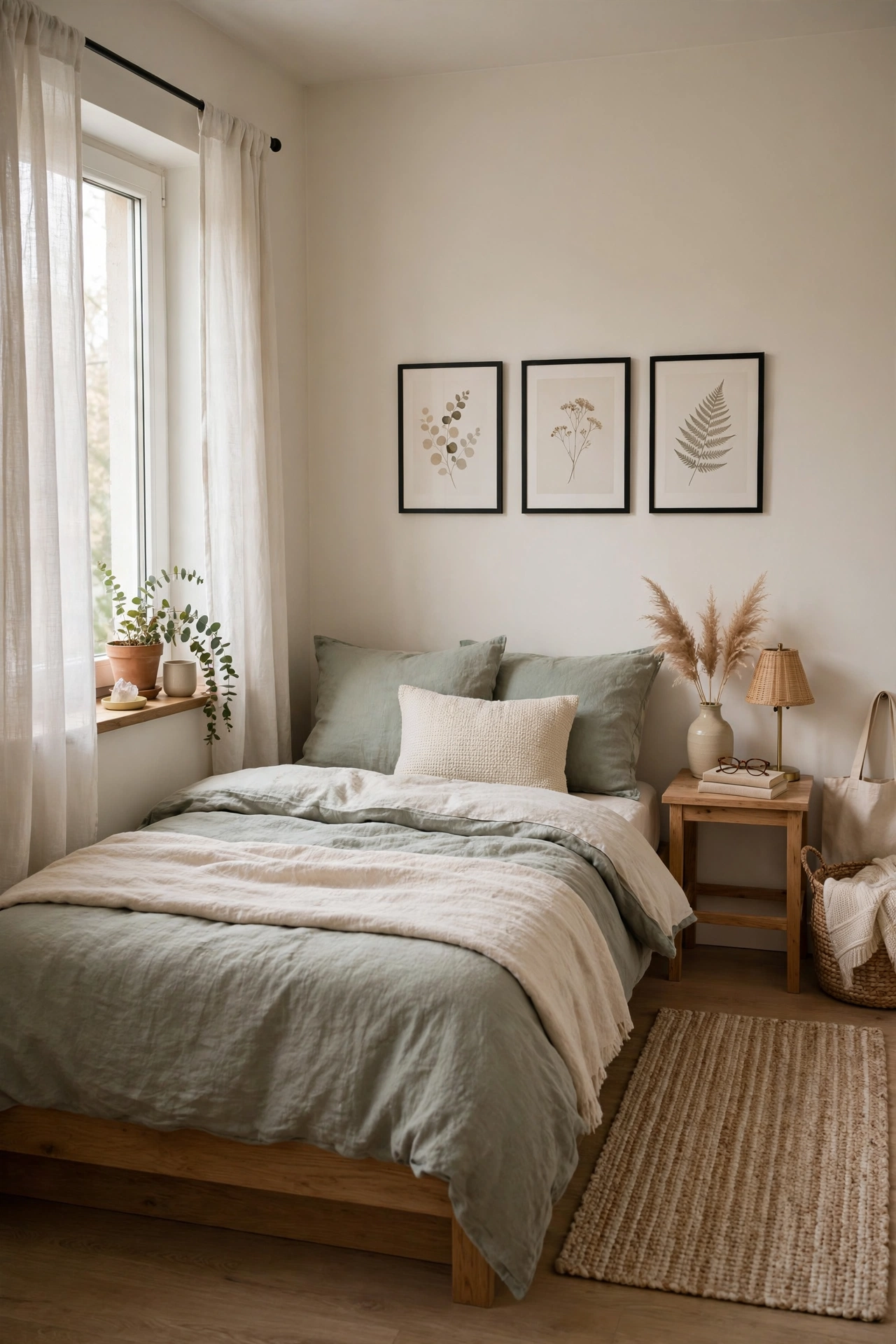 A small apartment bedroom with removable decor, curtains, bedding, and one rug, no wall damage.