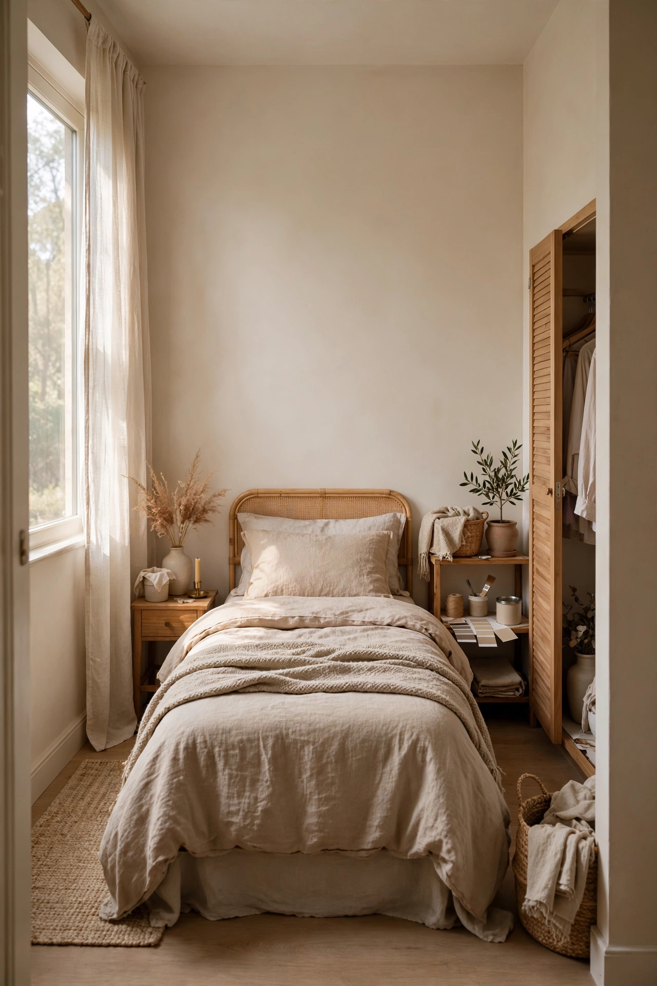 A small bedroom with a clear layout, one focal point, and warm neutrals, showing where to start decorating.