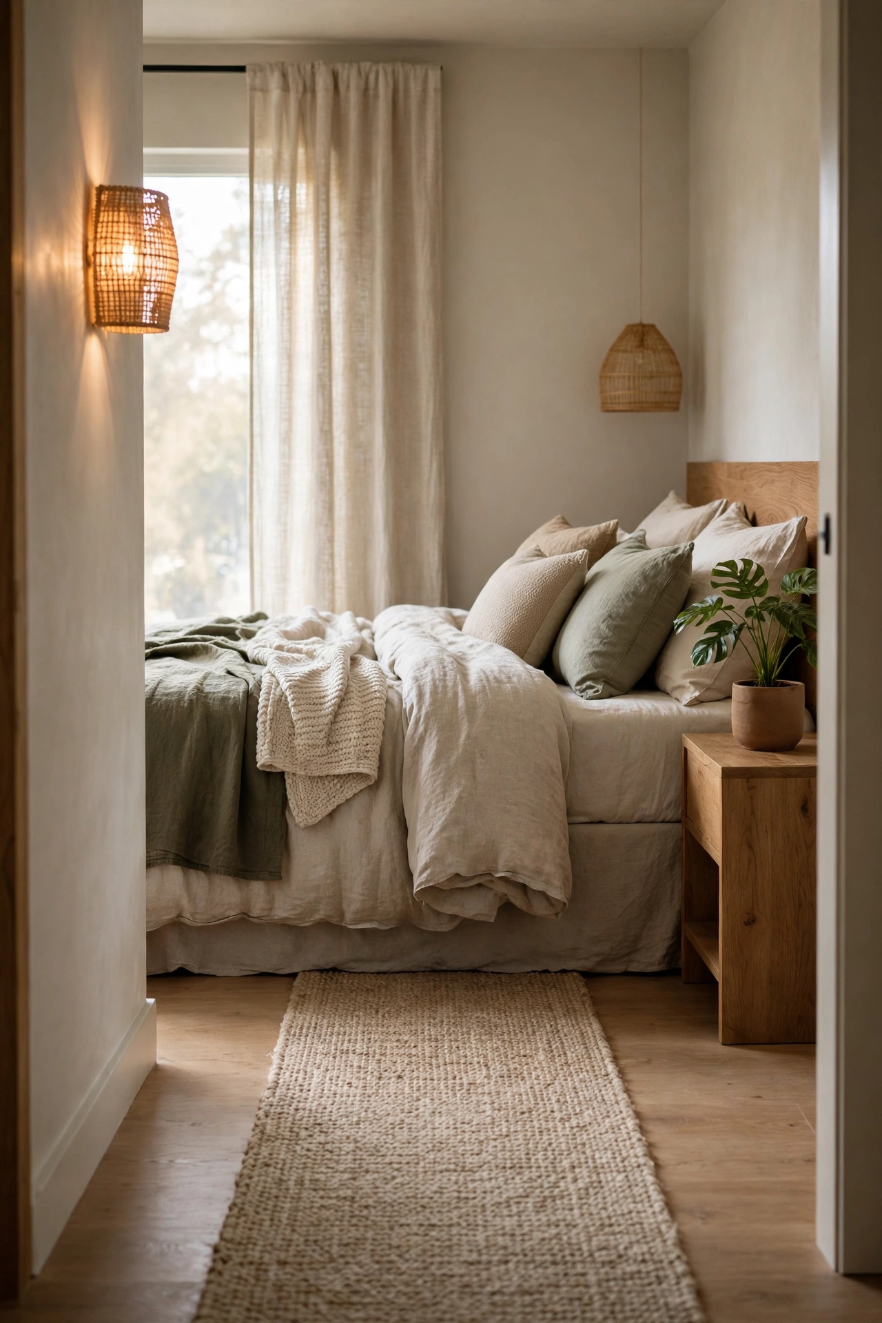 A bedroom with a clear path, layered bedding, one plant, and warm light, showing the finished start.