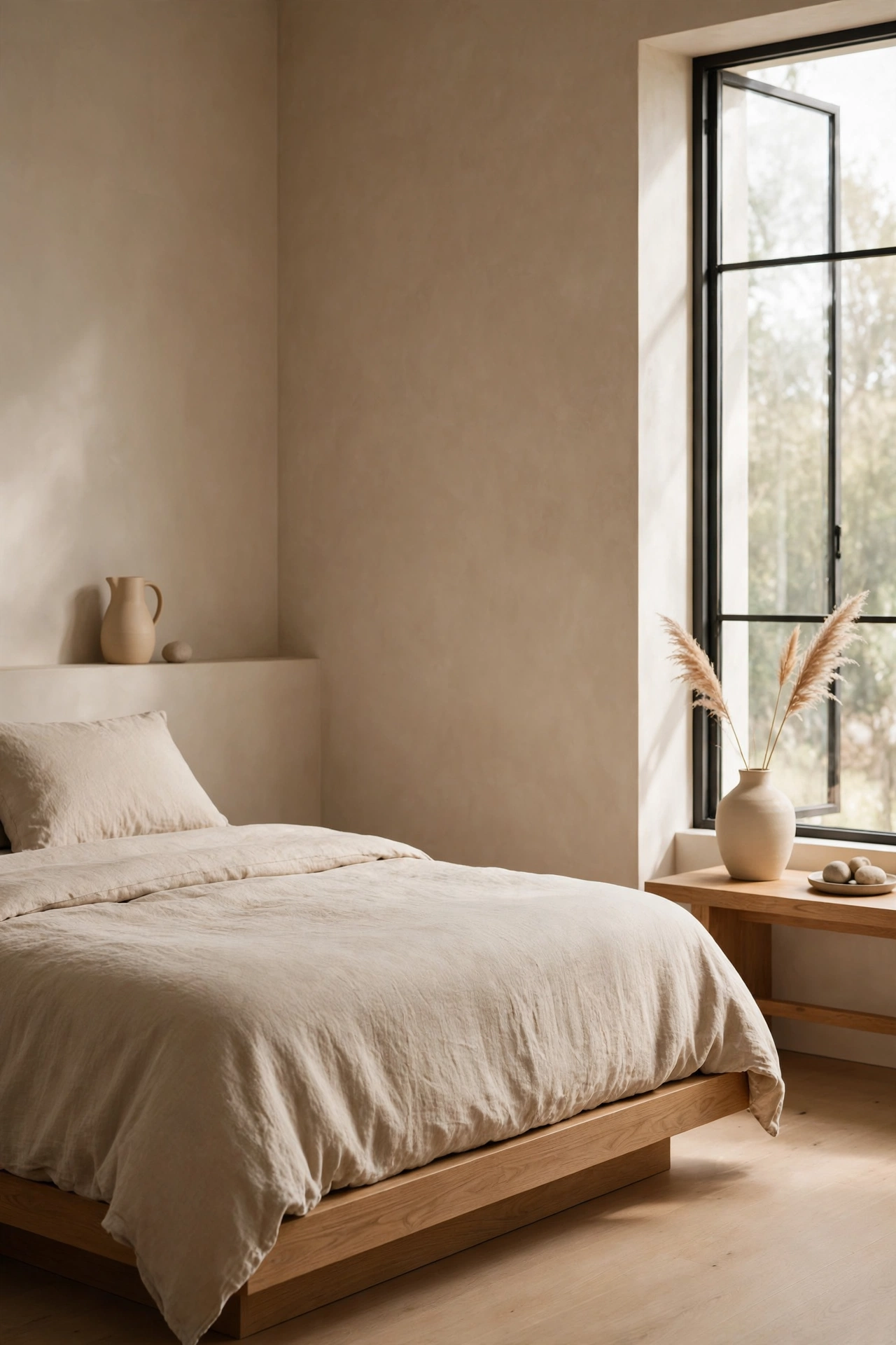 A bedroom with a clear style direction, warm neutrals, one textile, and clean surfaces.