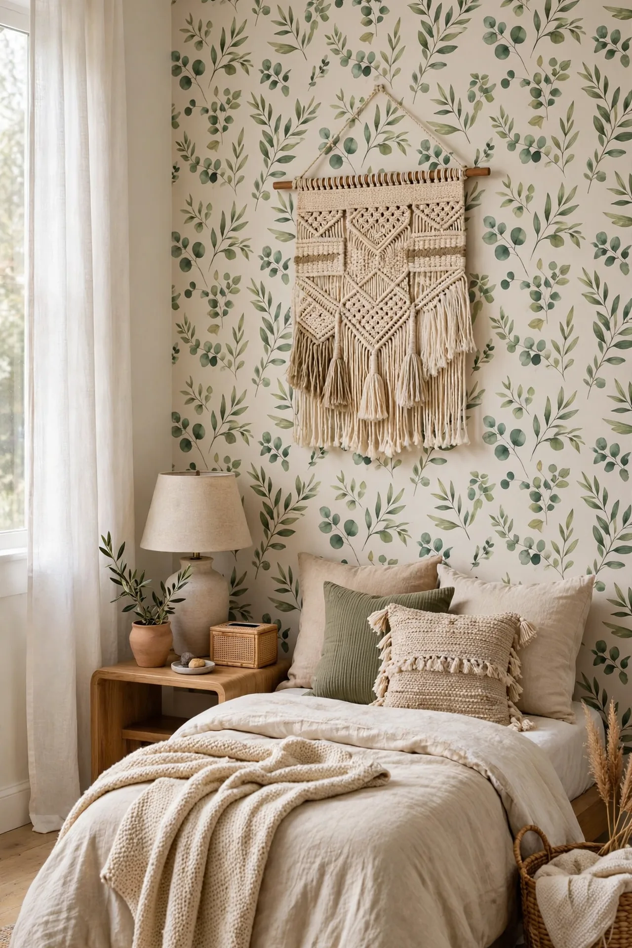 alt=Renter-friendly bedroom makeover, removable wallpaper, textile art, and layered bedding in a rental bedroom.
