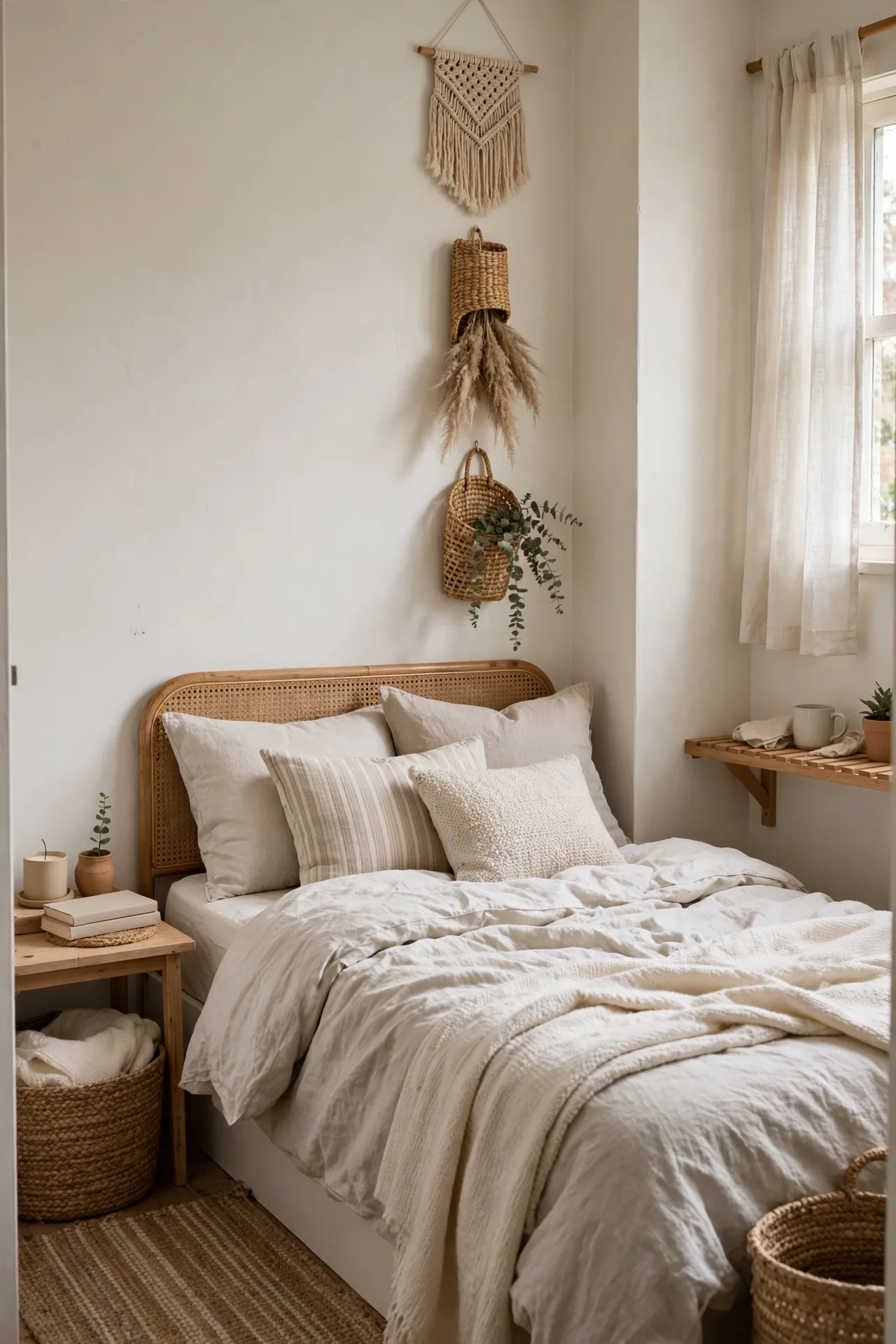 alt=Small bedroom makeover on a budget, layered bedding and vertical decor in a compact room.