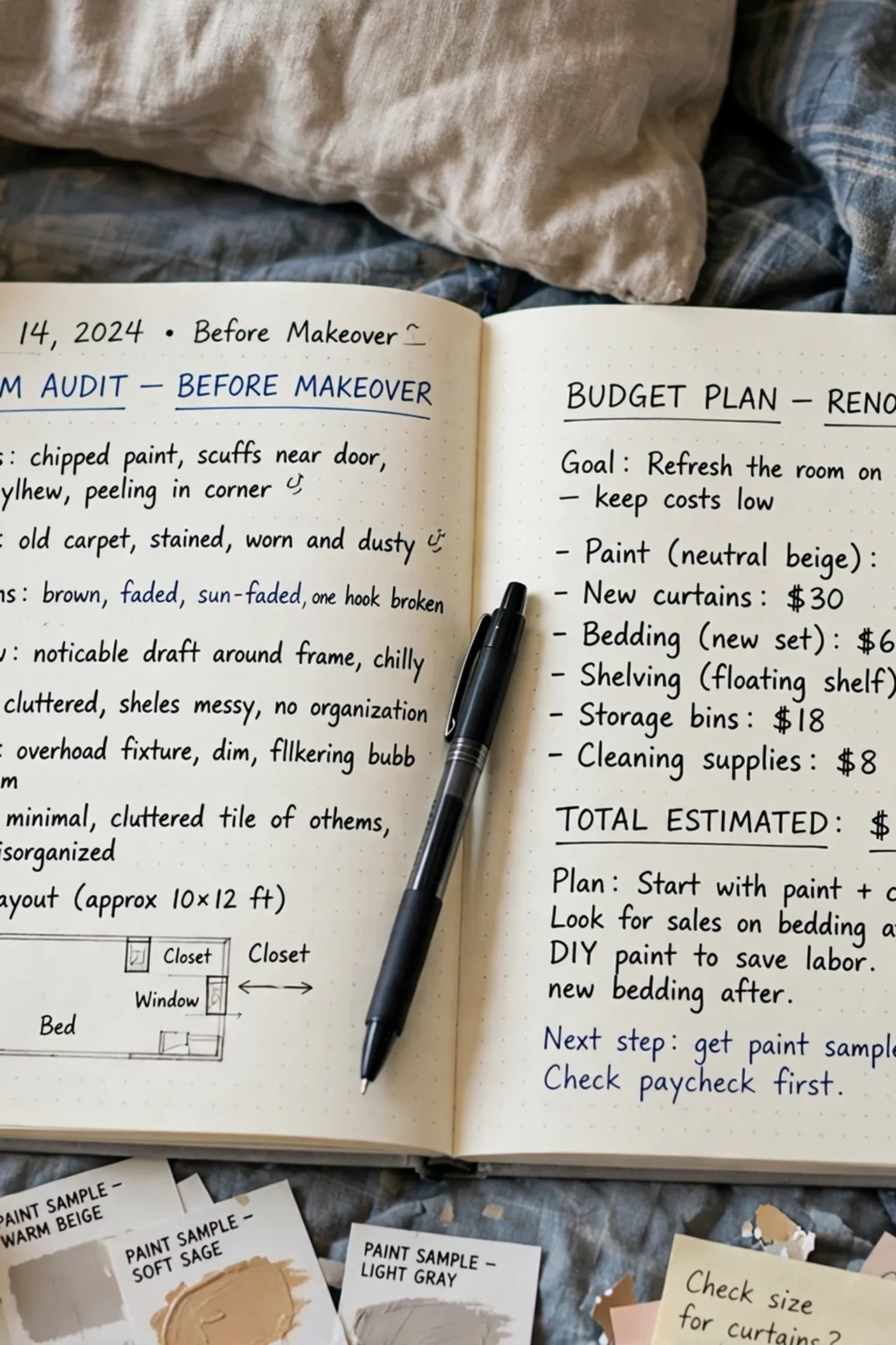 alt=Bedroom makeover planning step, a notebook with a room audit, budget tiers, and a weekend timeline on the bed.