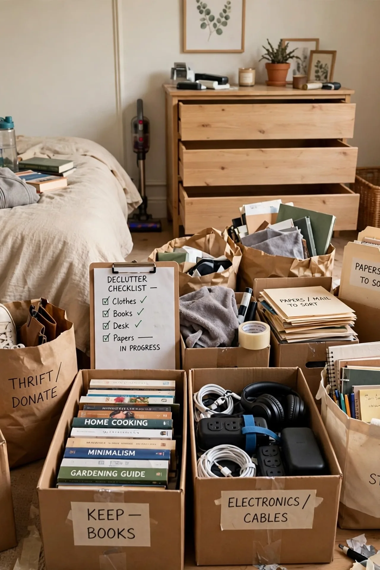 alt=Decluttering a bedroom before the makeover, sorting items into keep, move, and donate piles.
