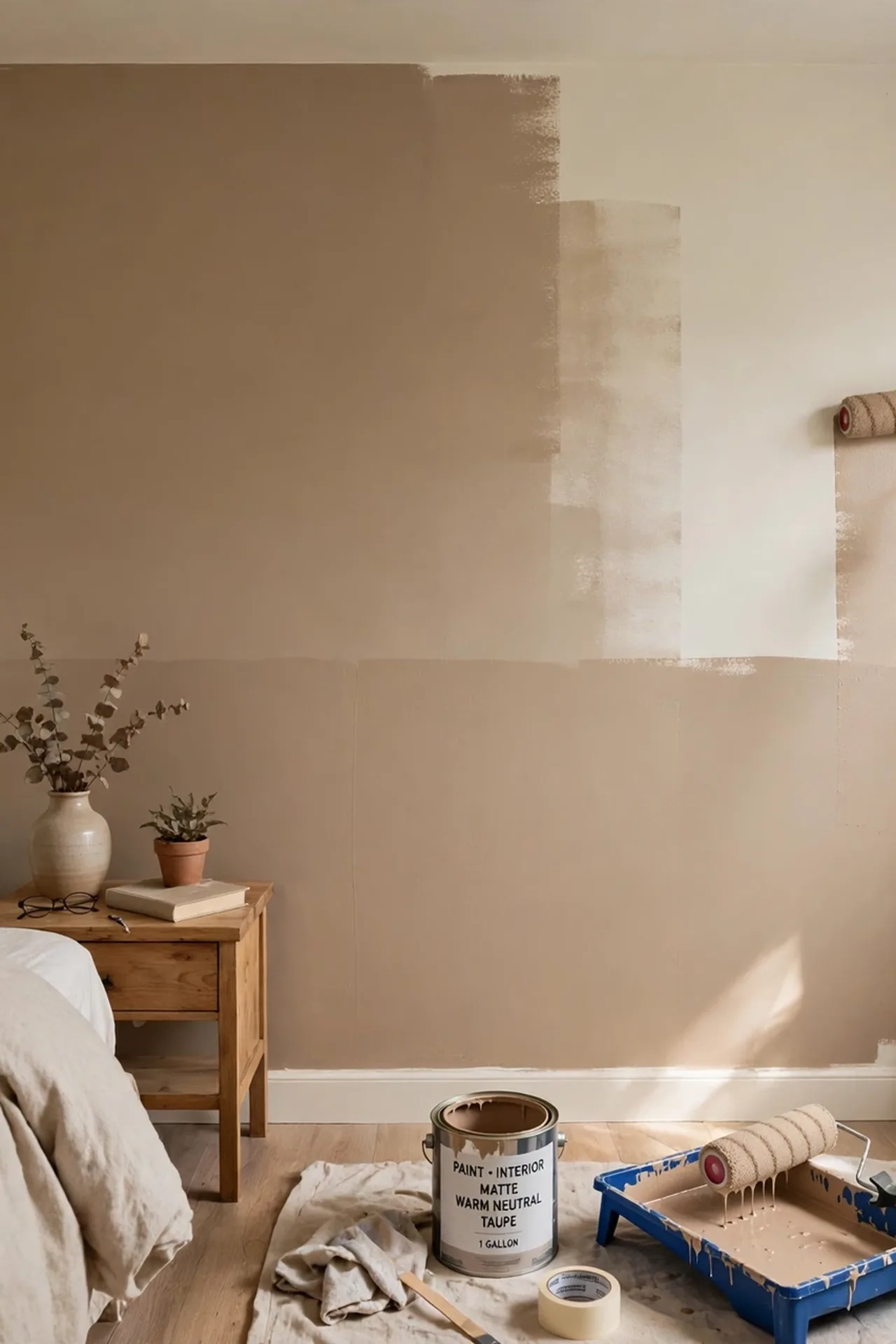 alt=Refreshing bedroom walls on a budget, painting a warm neutral accent wall with a roller.