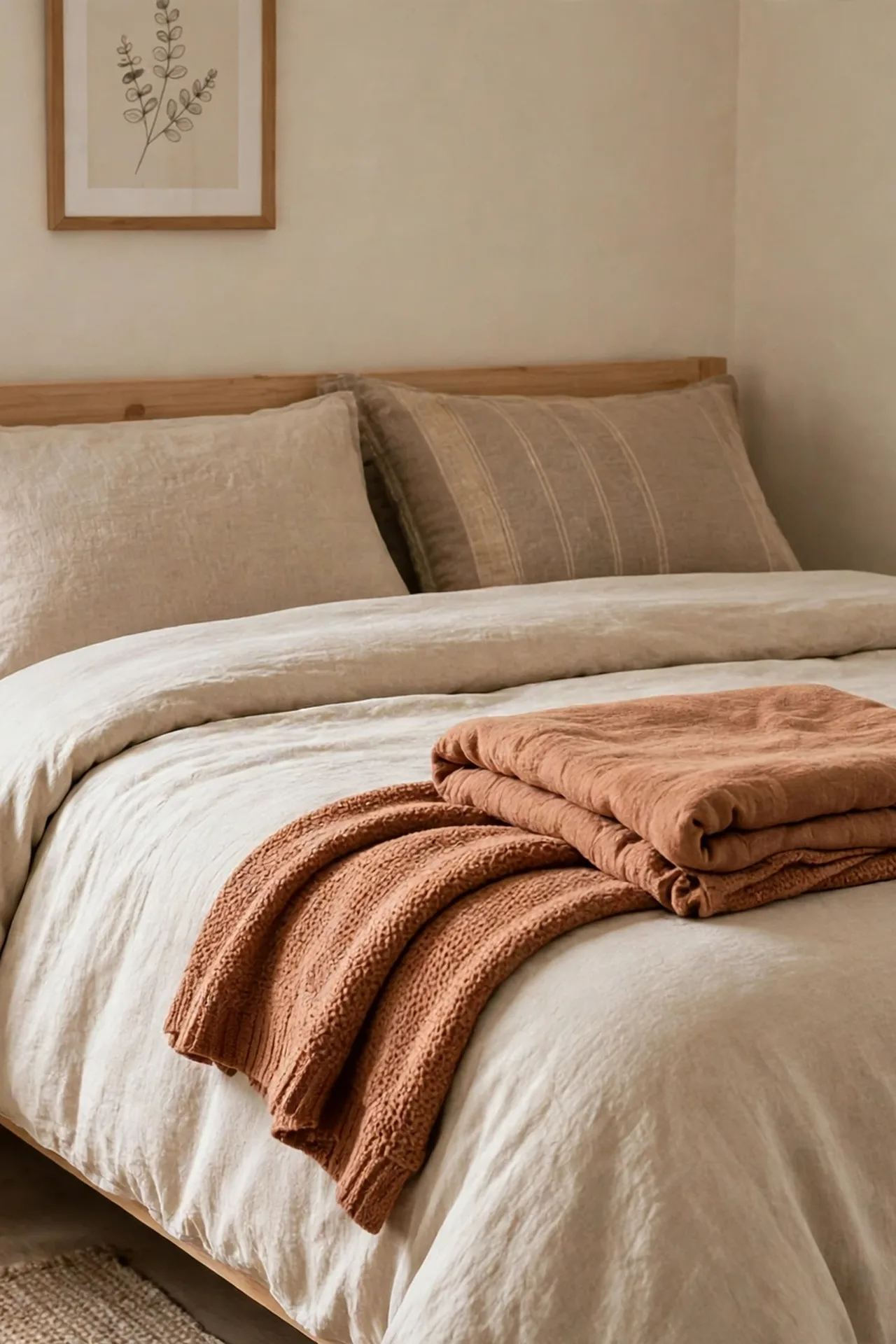 alt=Refreshing a bedroom bed on a budget, new layered bedding and mixed cushions on a simple bed frame.