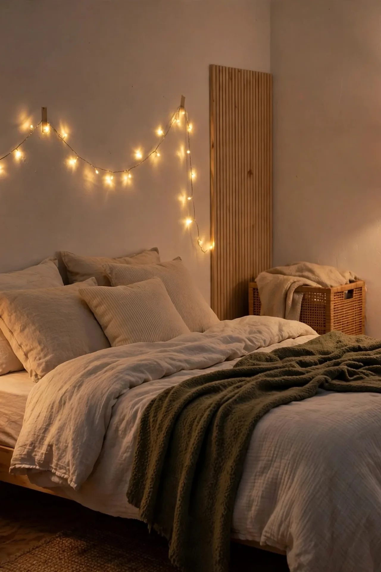 alt=Bedroom lighting layers on a budget, a warm bedside lamp, fairy lights, and layered warm light.