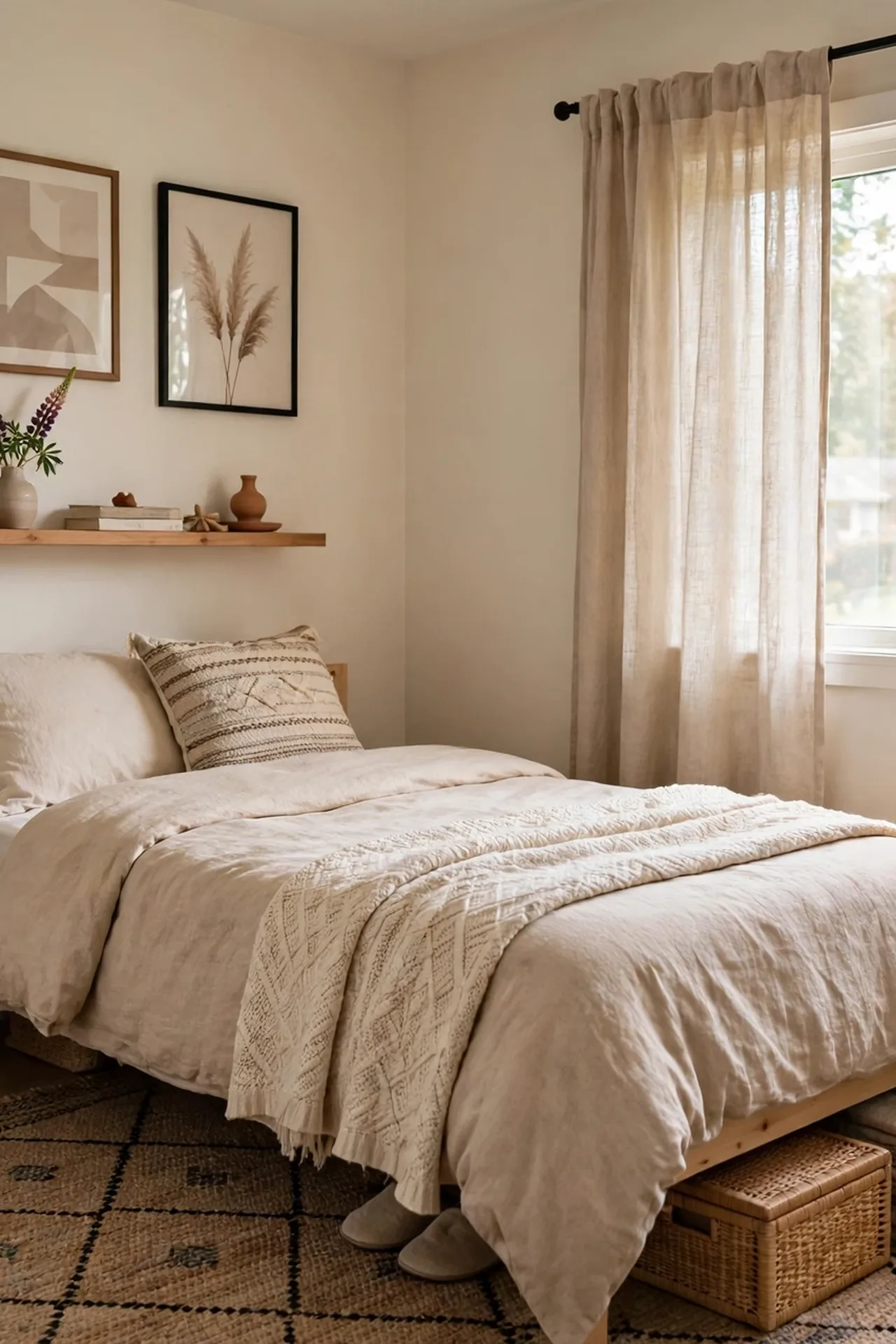 alt=Final styling step of a budget bedroom makeover, arranging decor, textiles, and a plant in the finished room.