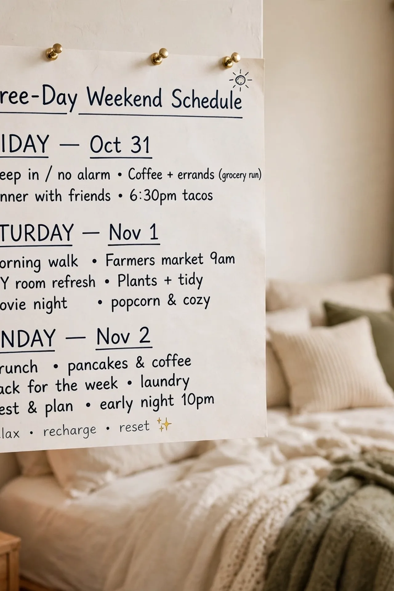 alt=The 3-day weekend bedroom makeover plan at a glance, a simple Friday to Sunday schedule.