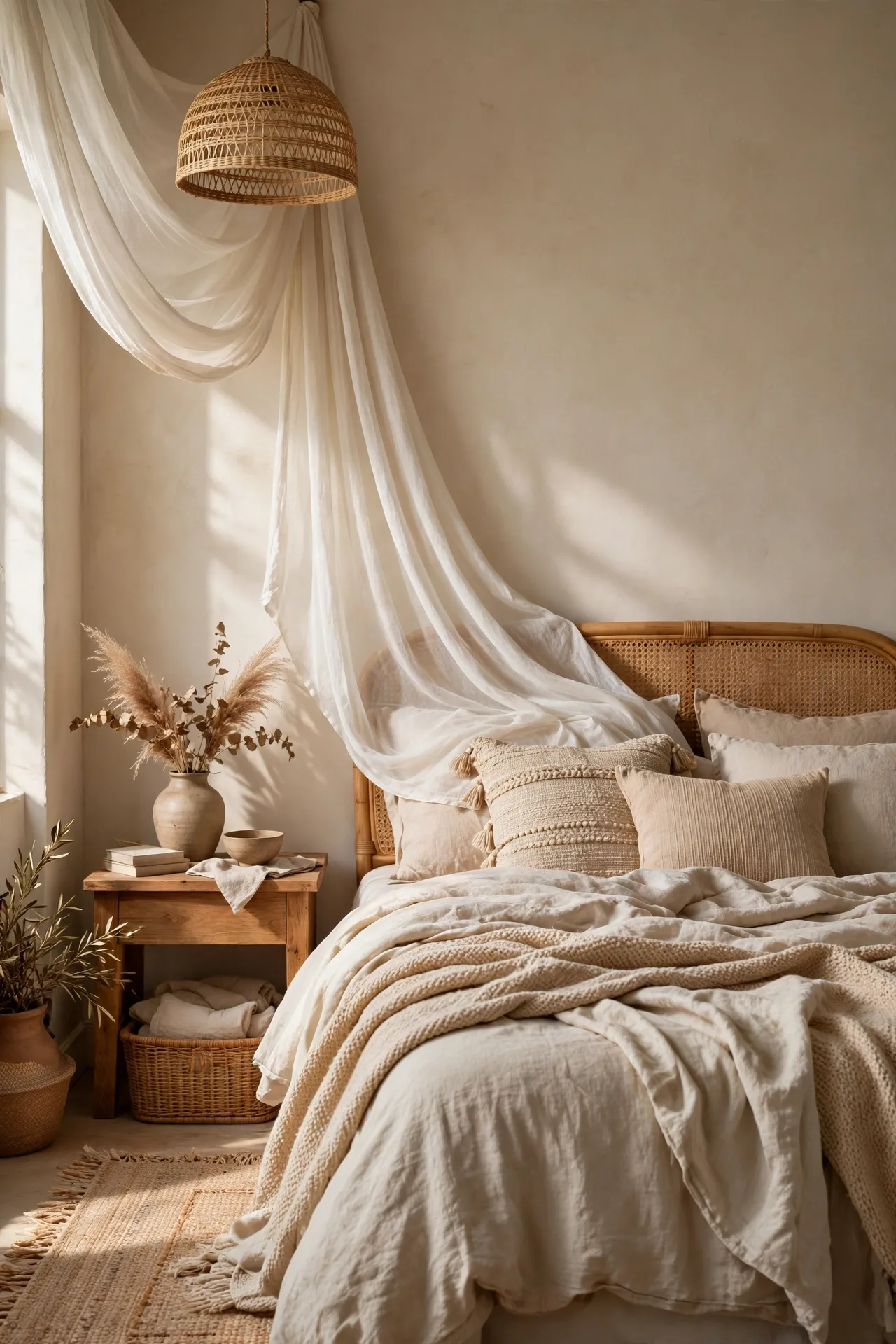 alt=Boho bedroom canopy moment with sheer drapery falling softly over the corner of the bed.