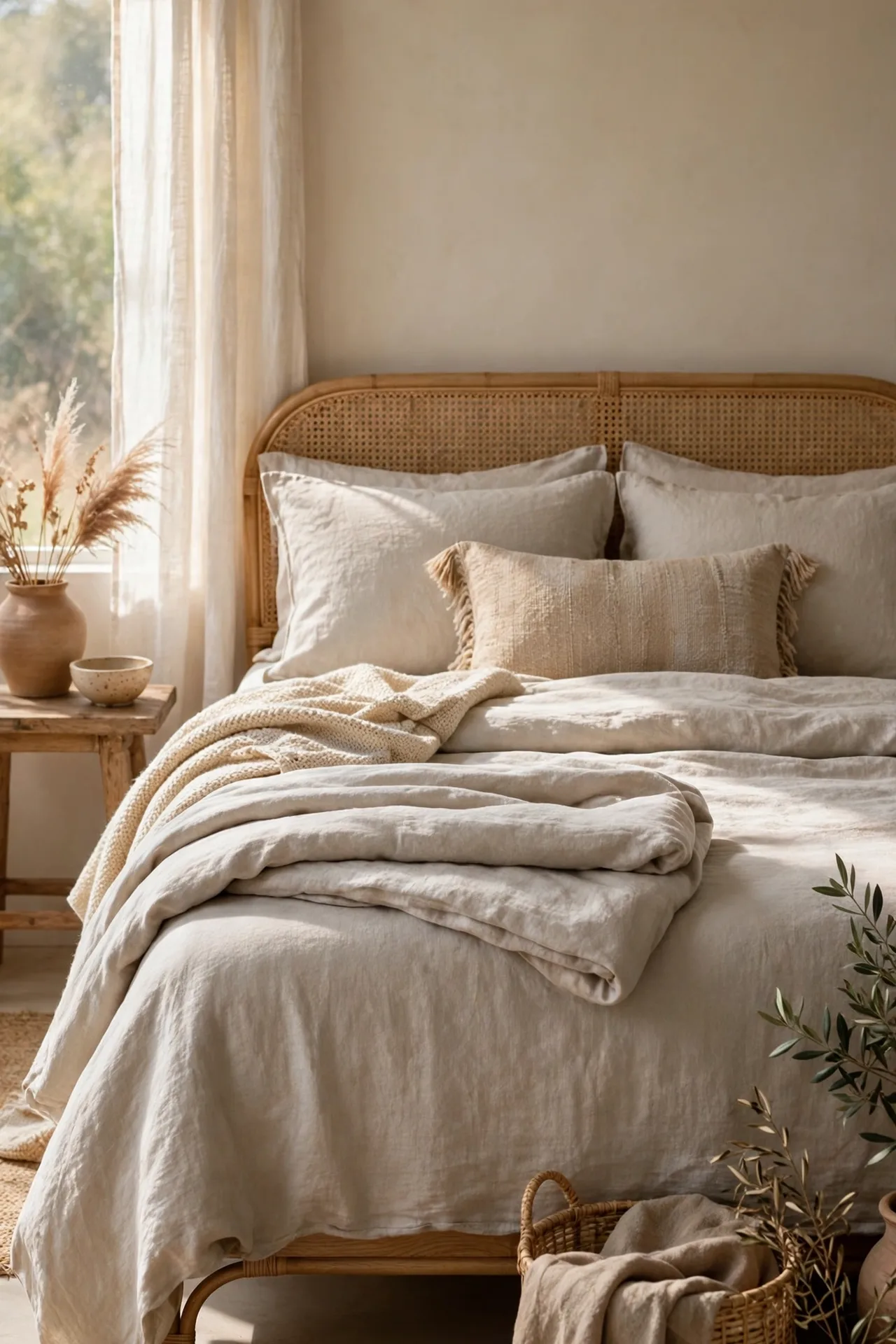 alt=Boho bedroom layered bedding base in stone-washed linen and cotton with a relaxed fold at the top.