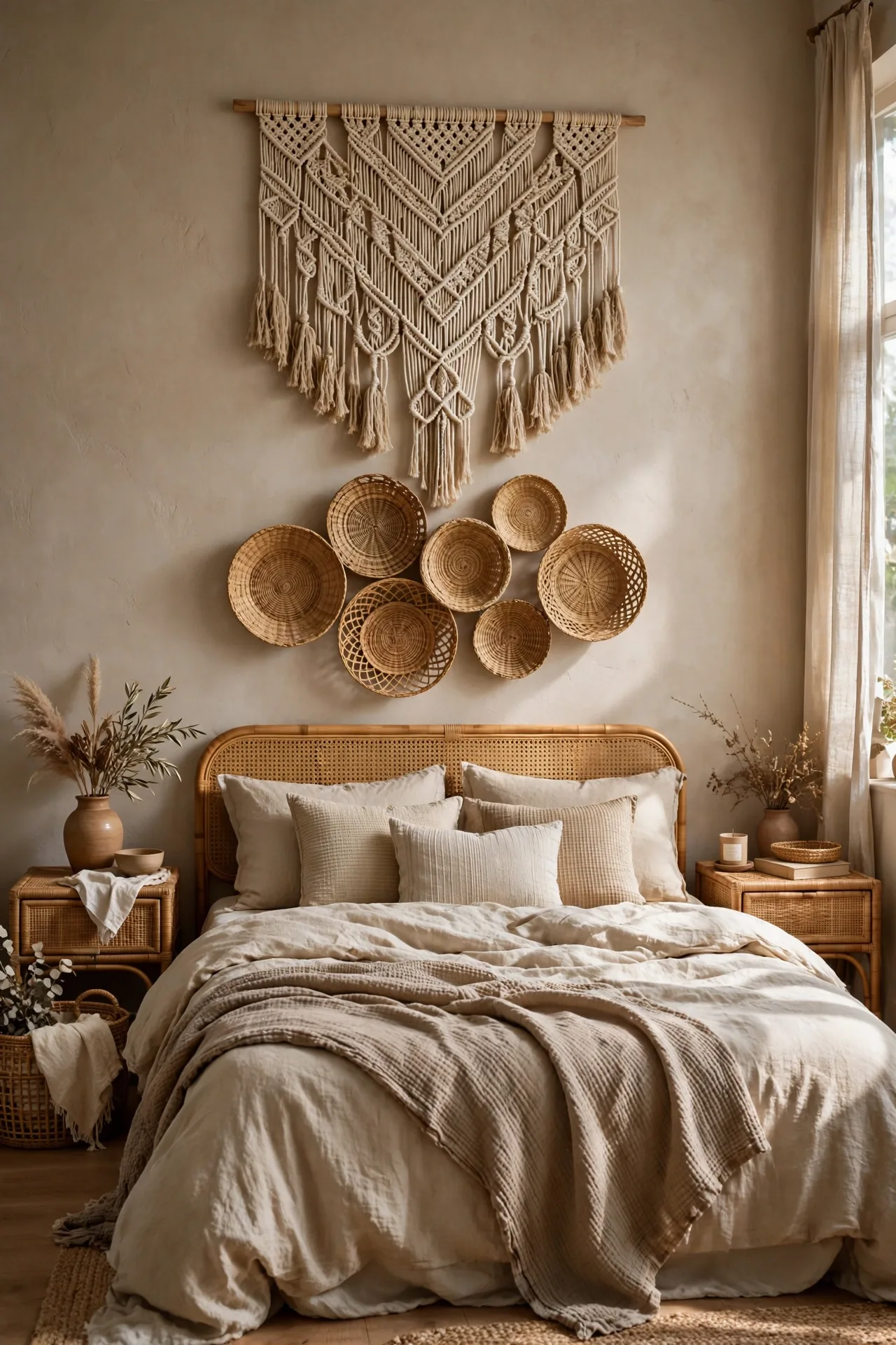 alt=Boho bedroom wall with a large macrame hanging and woven wall decor above the bed.