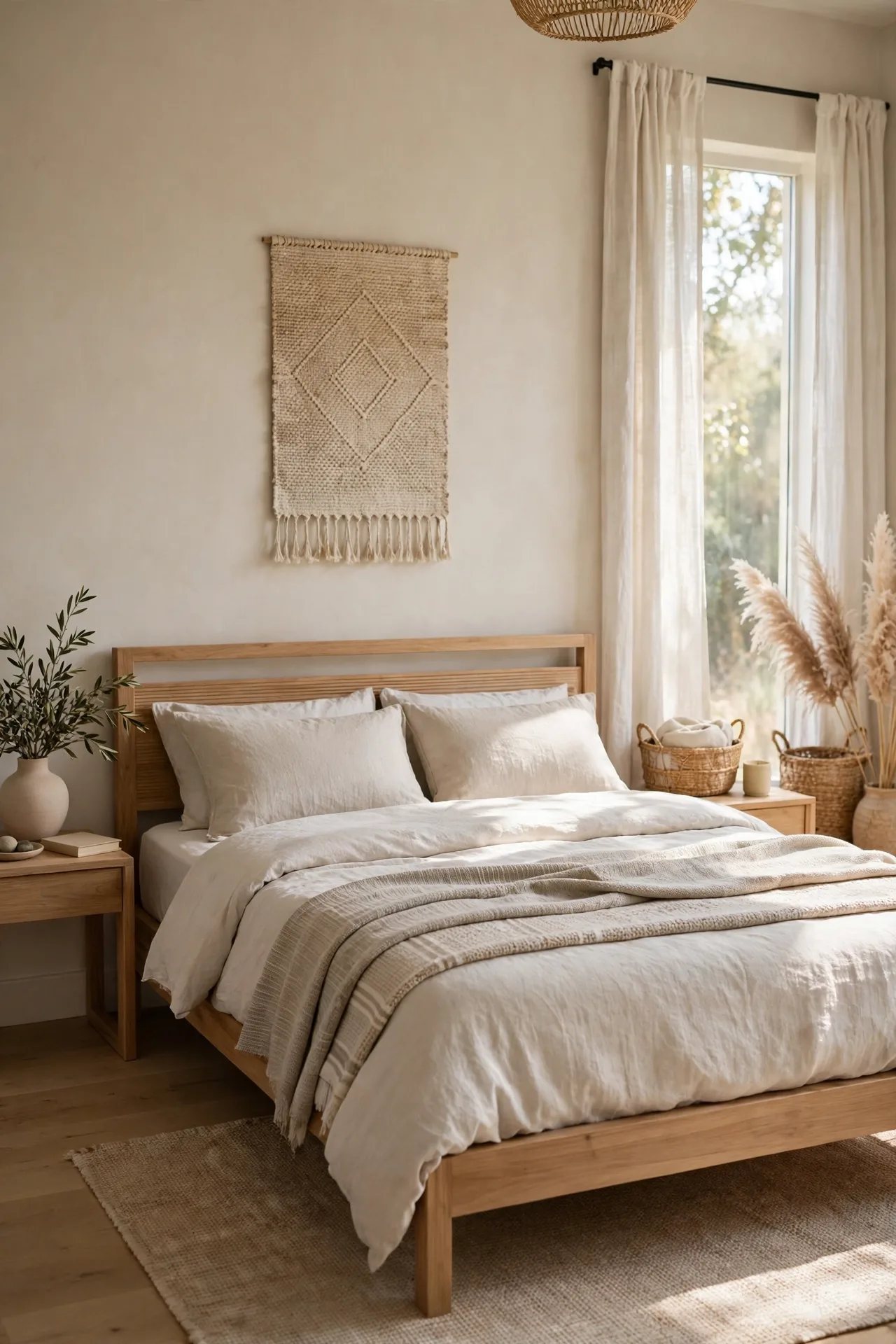alt=Modern boho bedroom with cleaner lines, a simple timber bed frame, and restrained woven textures.