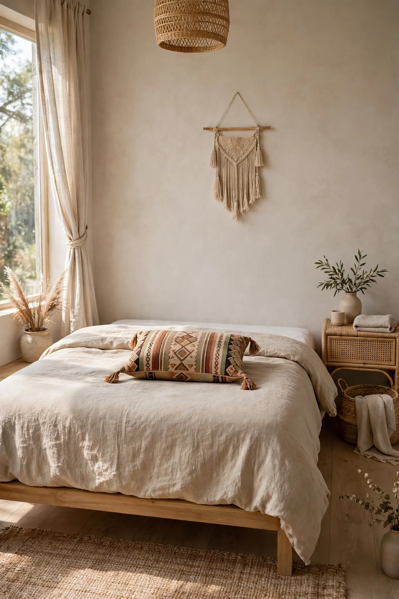 alt=Modern boho bedroom with a calm neutral base and one patterned kilim cushion as the single pattern.