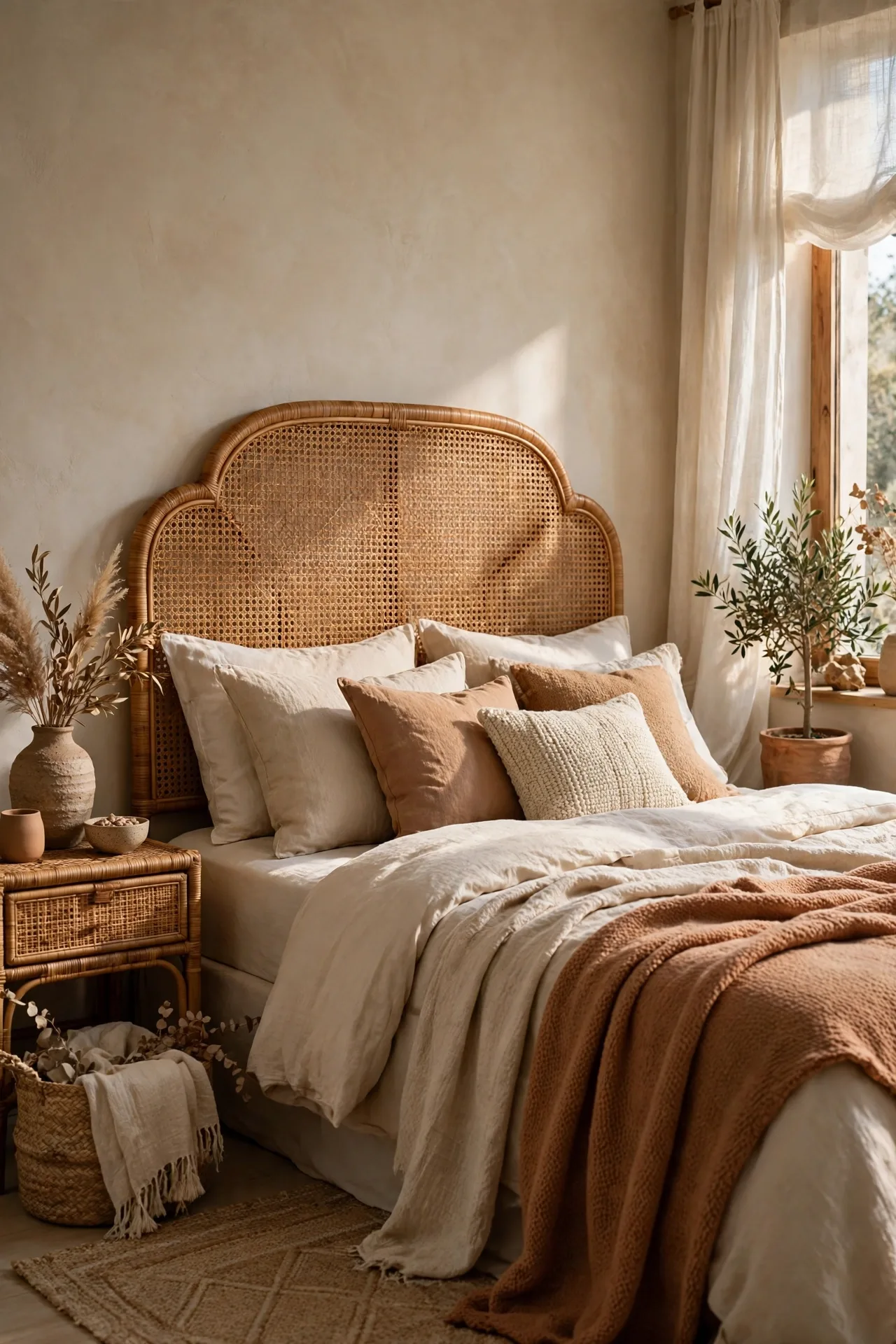 alt=Boho bedroom rattan headboard as the signature cane piece beside a layered bed.