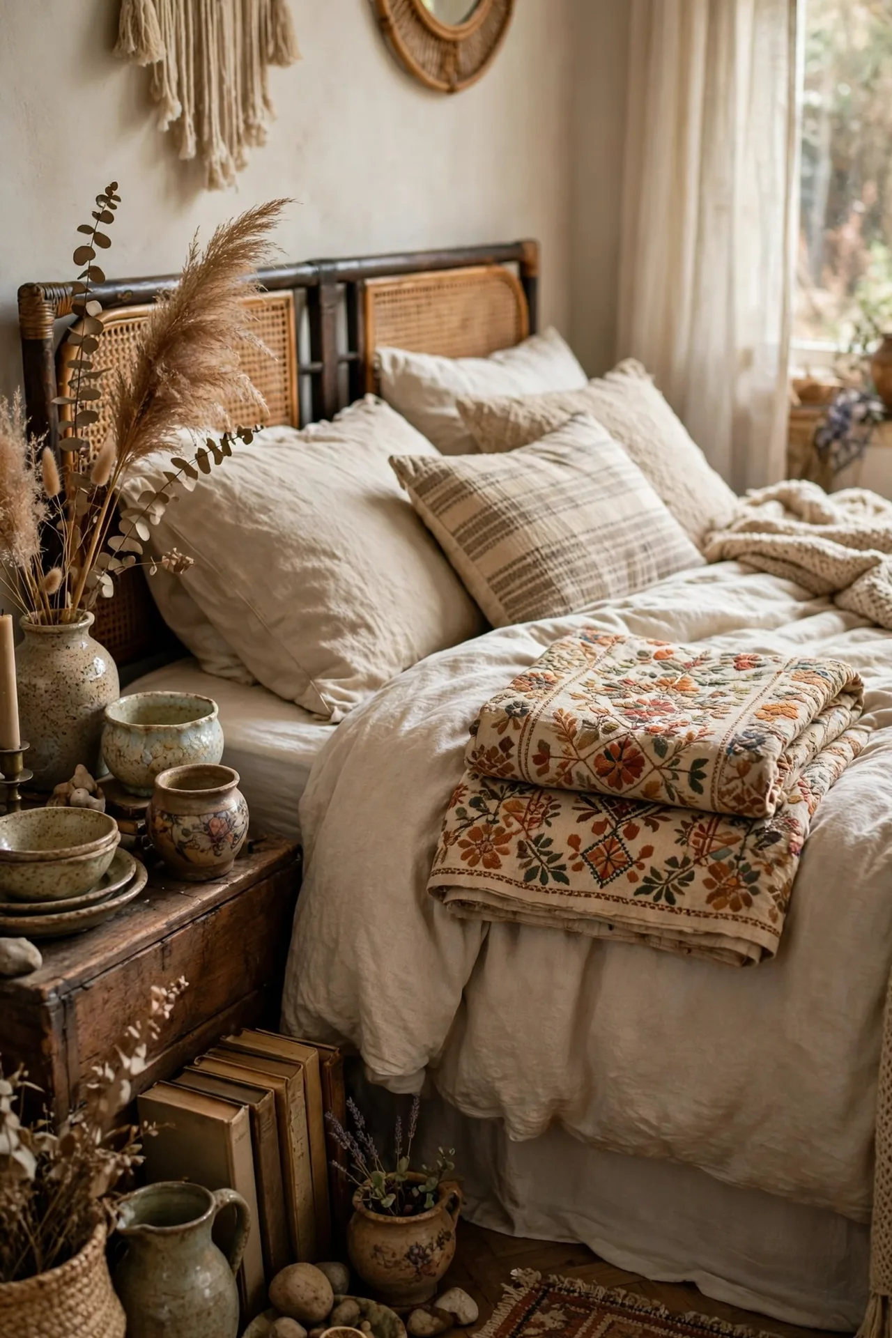 alt=Boho bedroom thrifted finds, a secondhand embroidered textile and vintage ceramics styled on the bed.