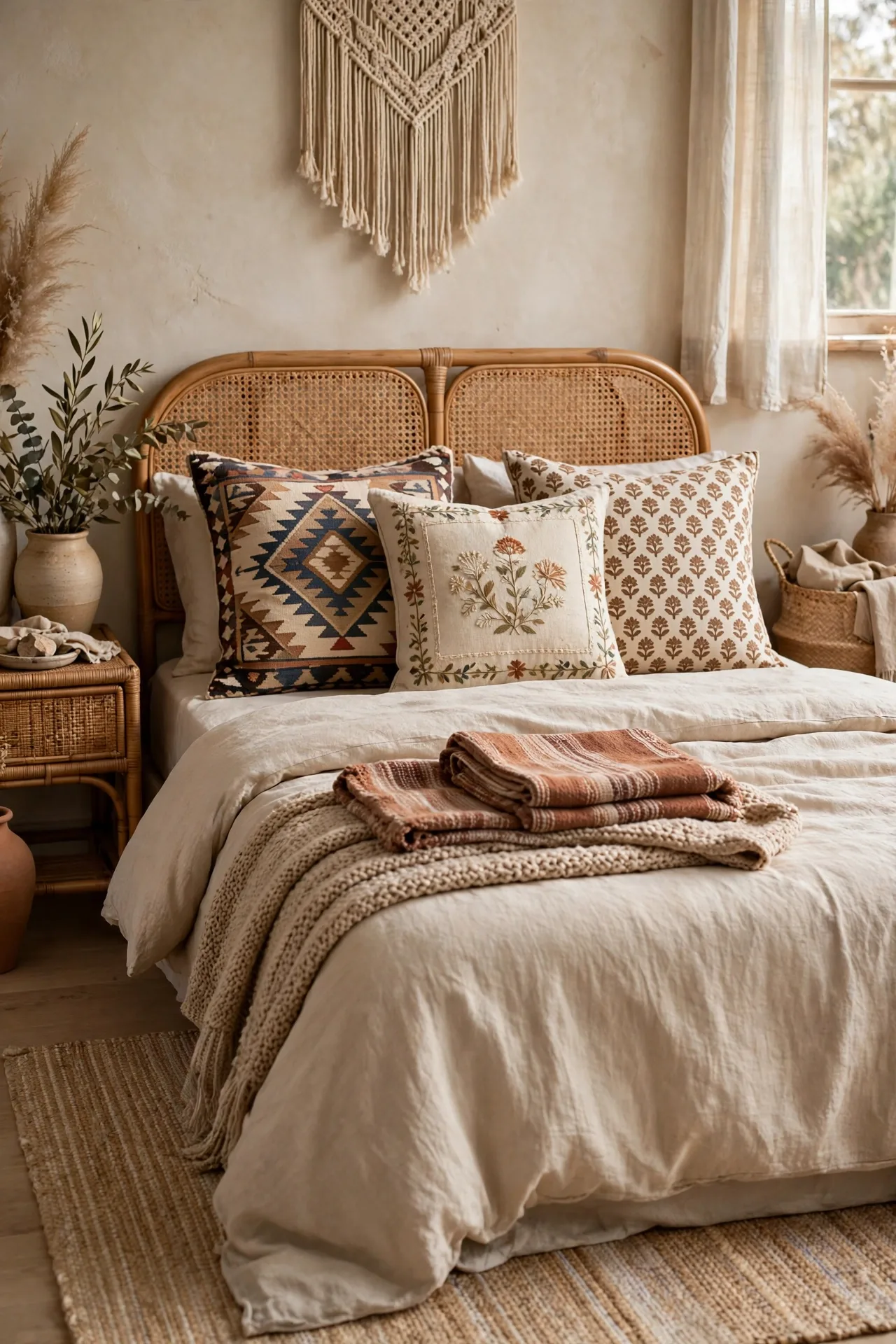 alt=Boho bed with folded throws and a cushion mix of kilim, block print, and embroidered patterns.
