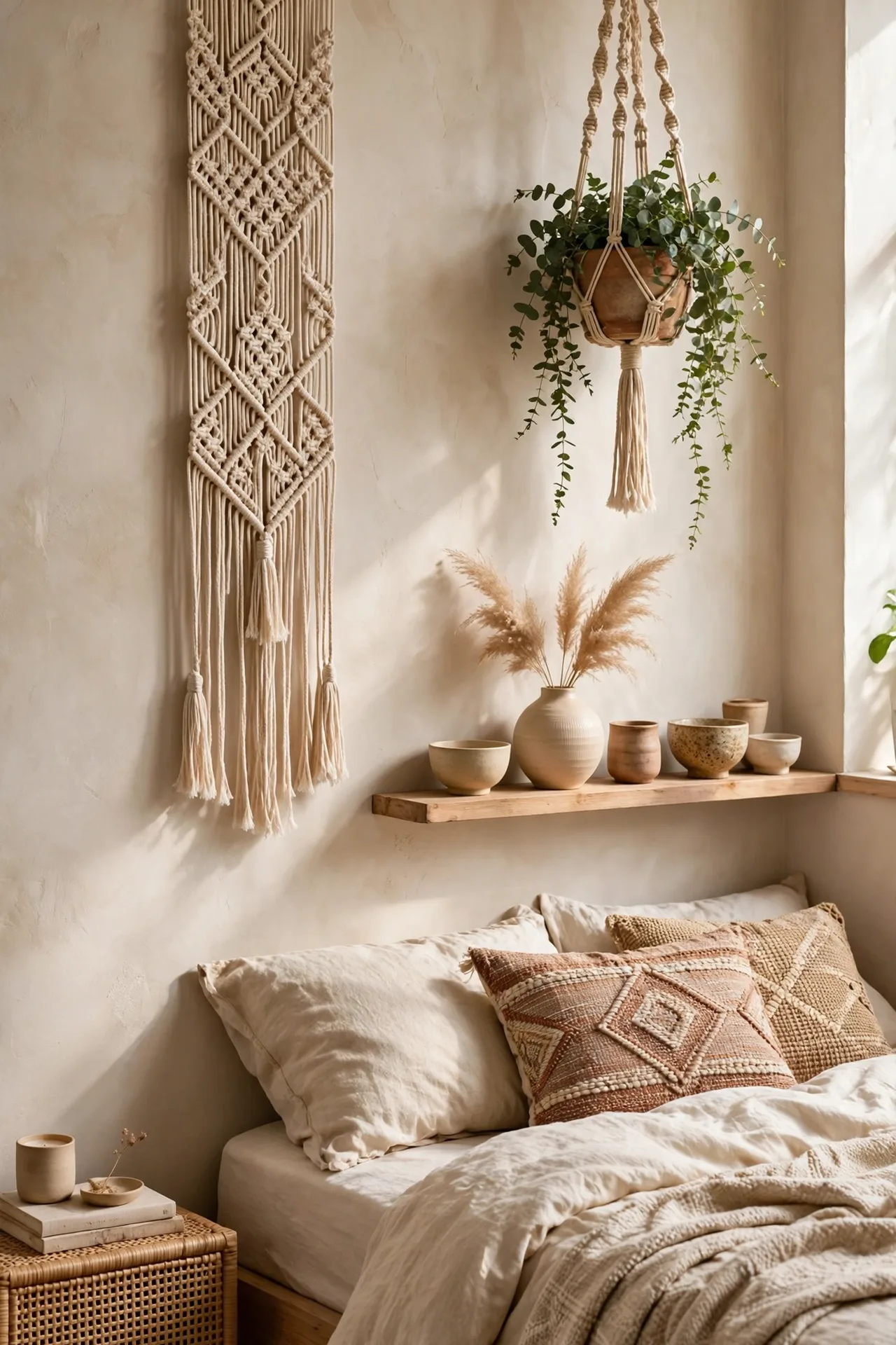 alt=Small boho bedroom vertical decor with a tall macrame hanging, a hanging planter, and a wall ledge.