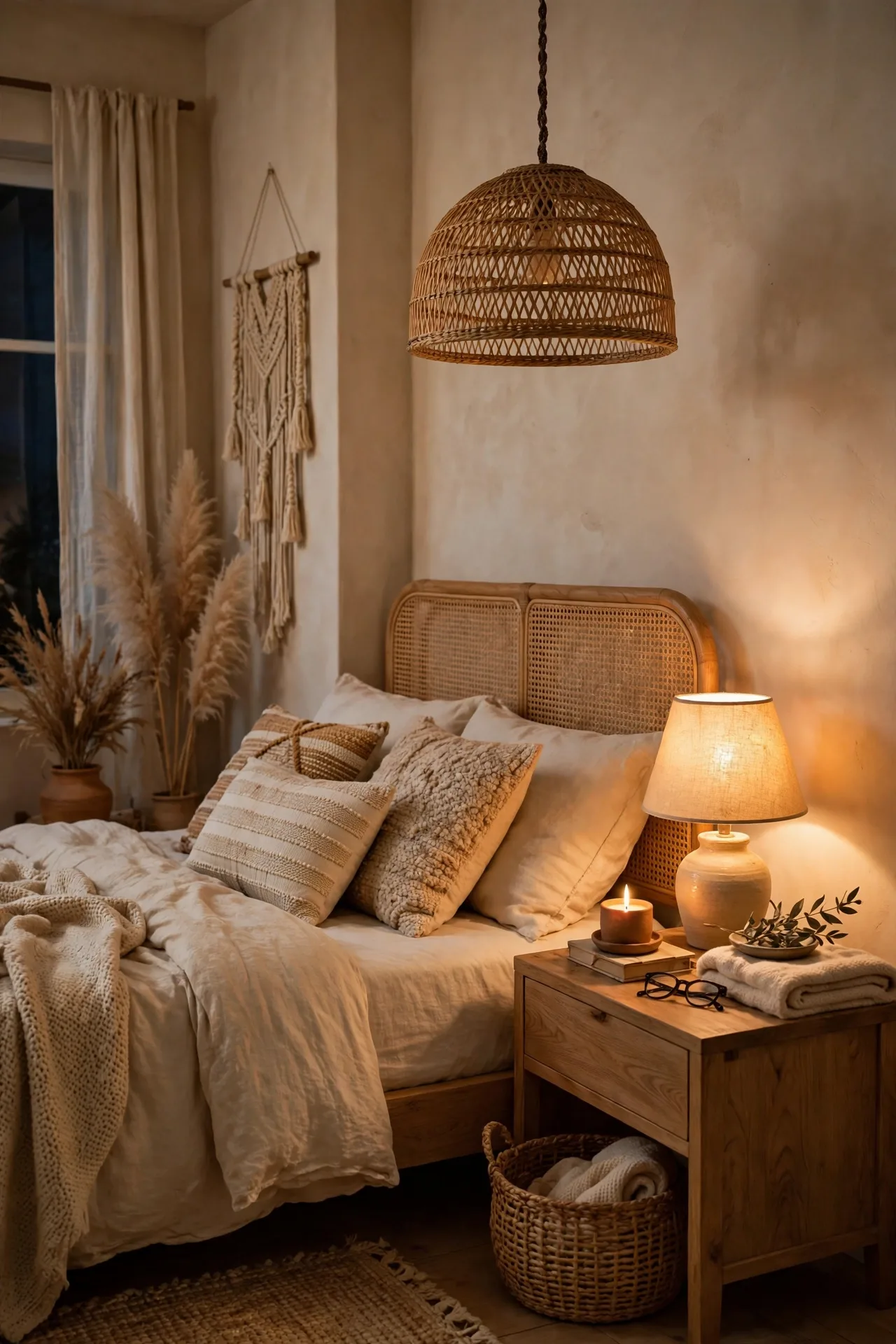 alt=Boho bedroom warm lighting from a woven rattan shade pendant and a soft bedside lamp.