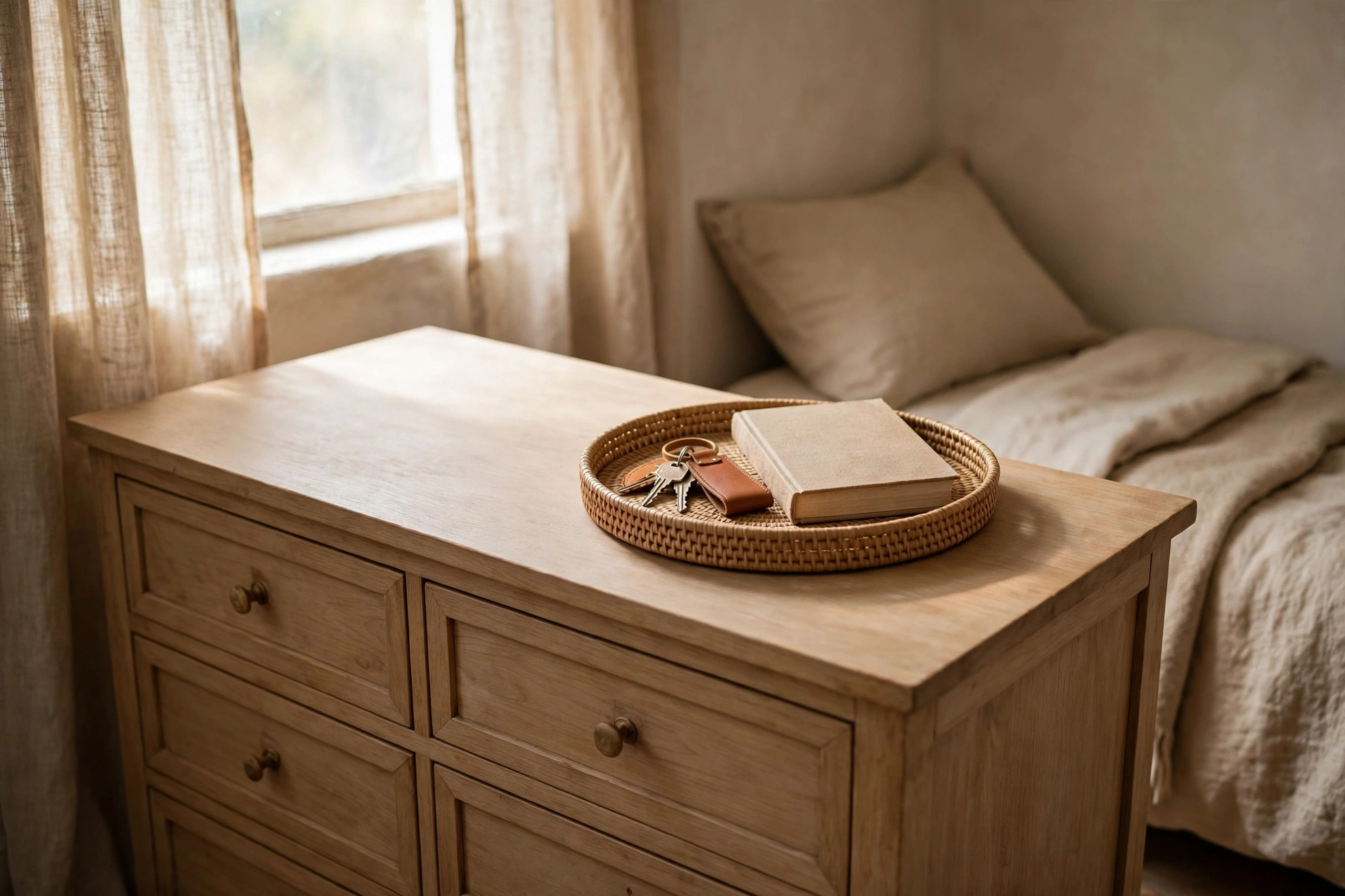 A dresser top kept clear with one tray holding keys and a book in a small bedroom.