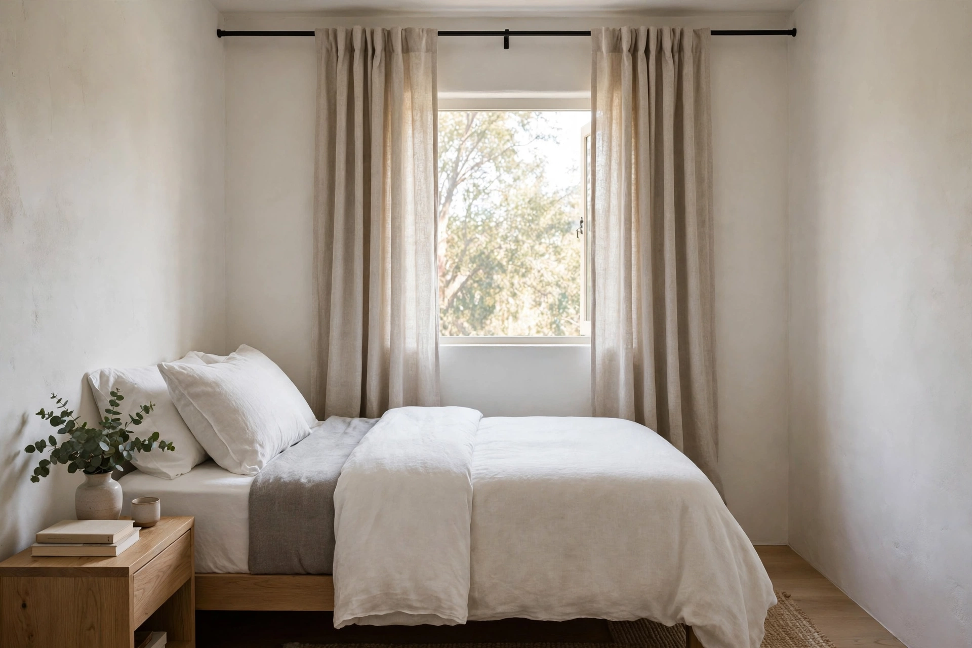 A small bedroom with one pair of curtains hung near the ceiling, falling to the floor.