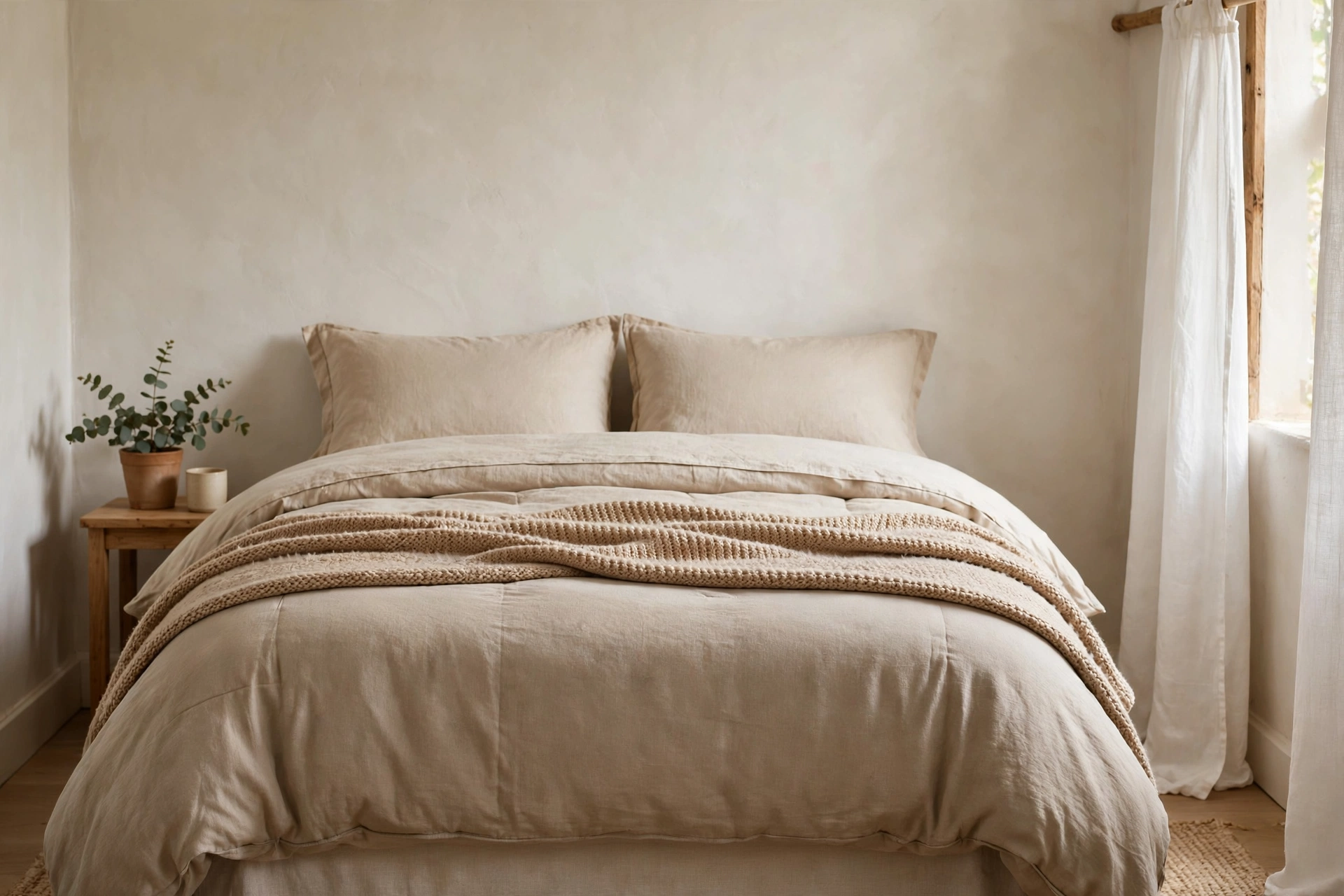 A small bedroom bed with layered bedding, one duvet and one throw in warm neutrals.
