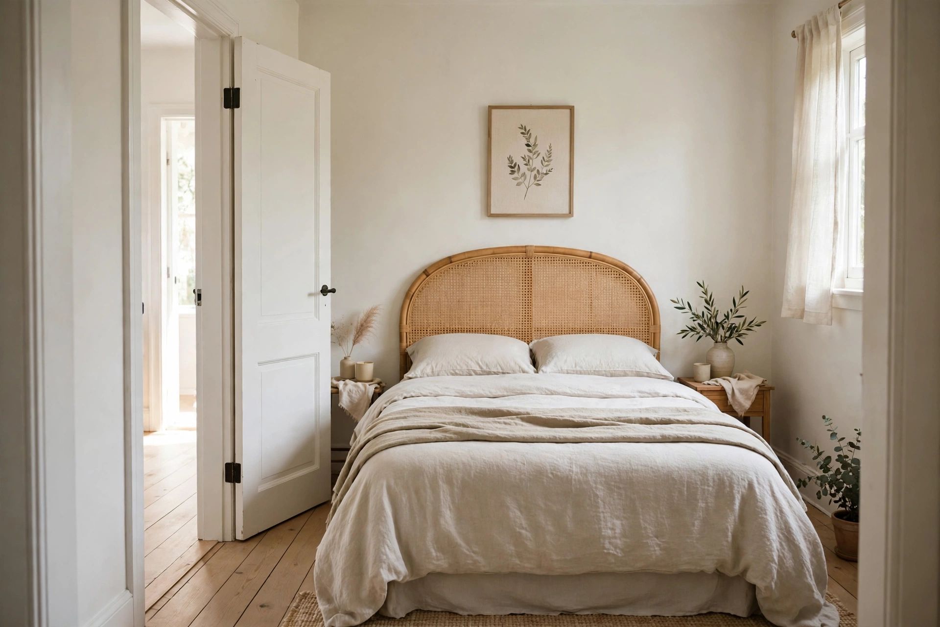A small bedroom with a clear walking path from the door to the bed and one focal point at the headboard.