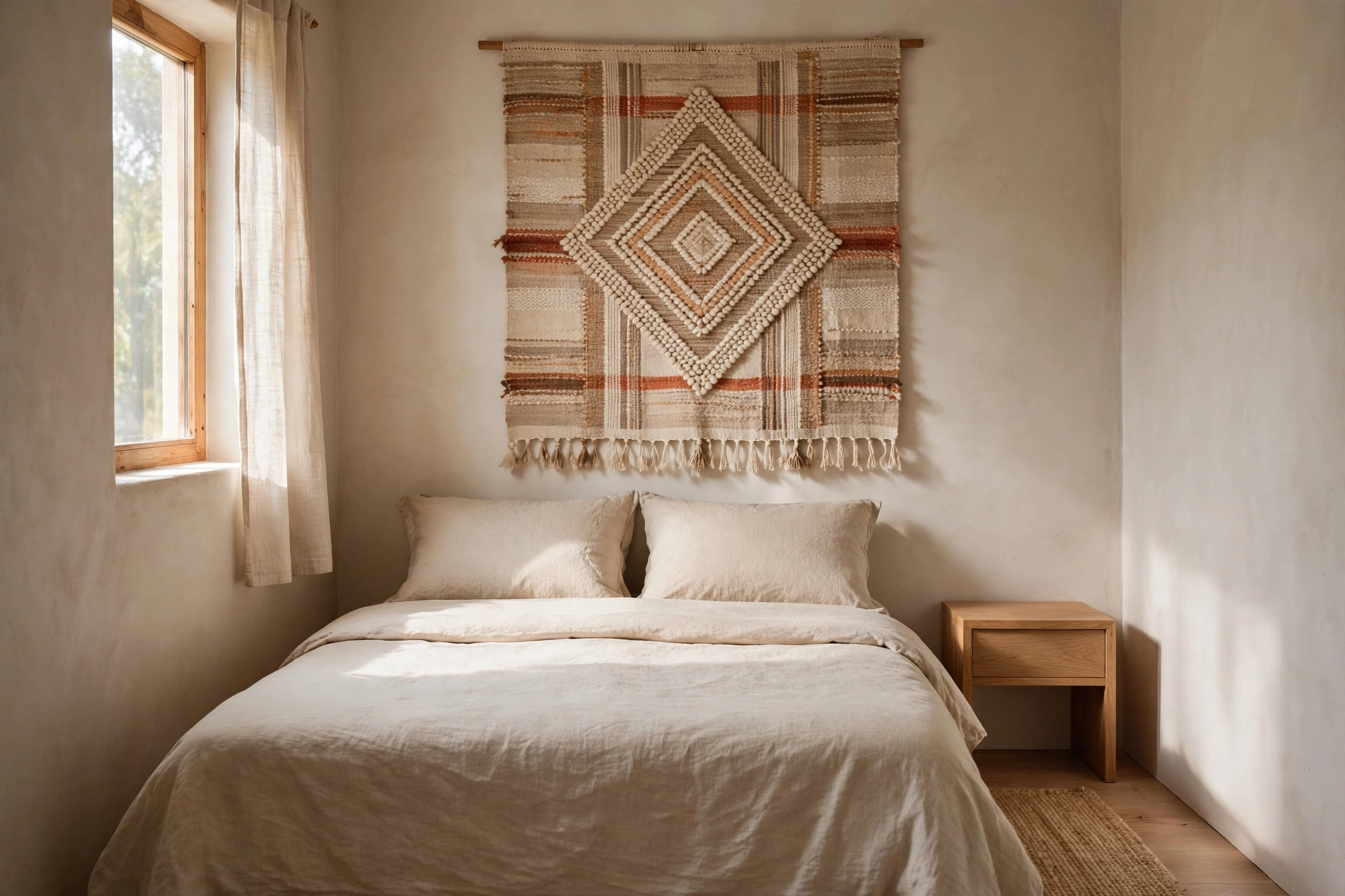 A small bedroom with one large textile wall hanging above the bed, surfaces kept clear.