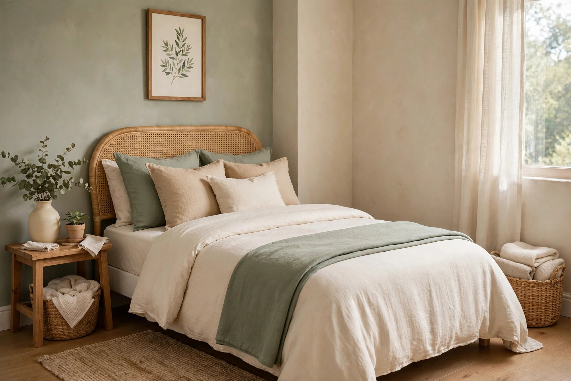 A small bedroom with bedding in one warm palette, cream, sand, and sage.