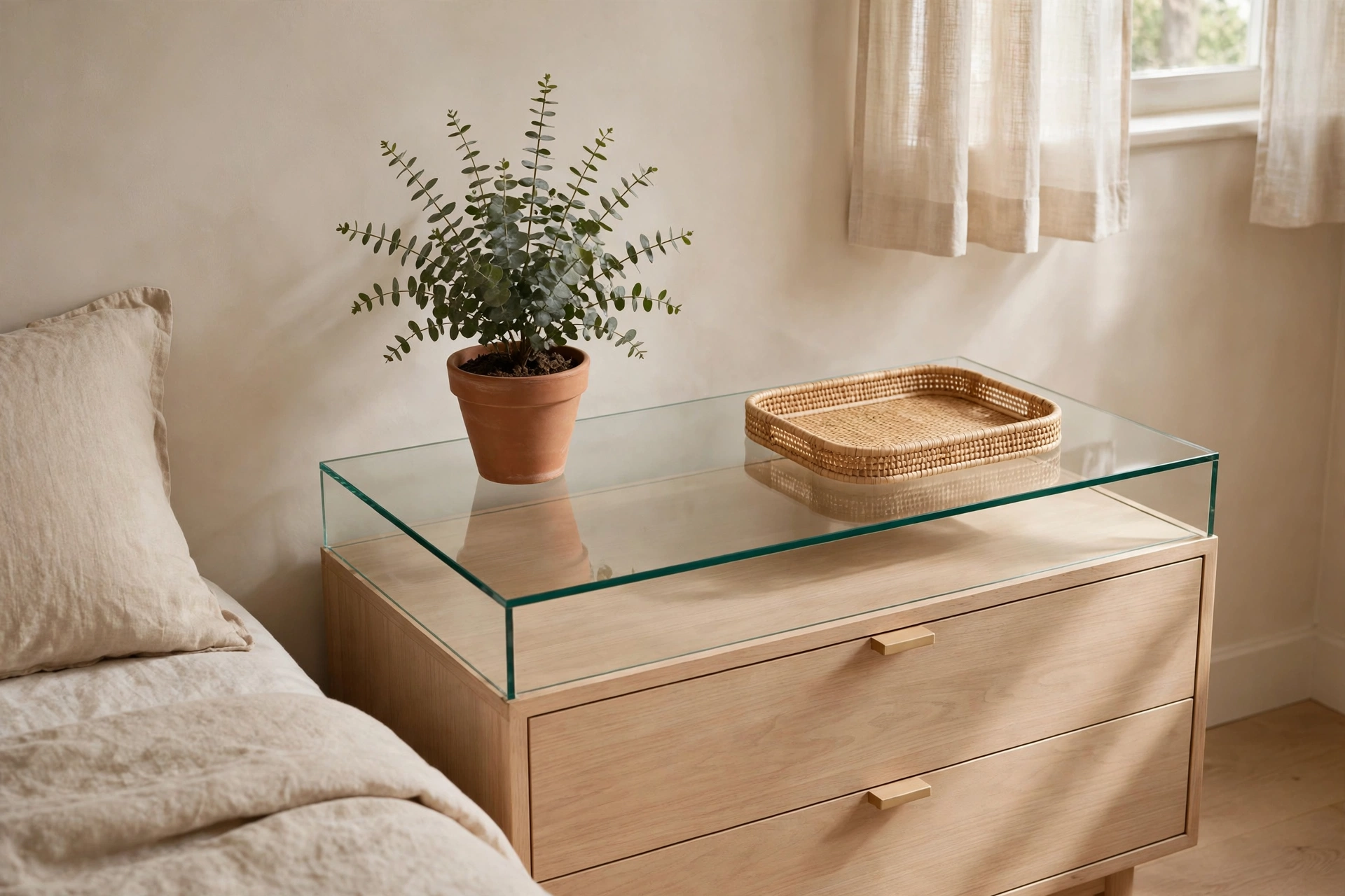 A small bedroom with one potted plant and one tray on a clear dresser top.