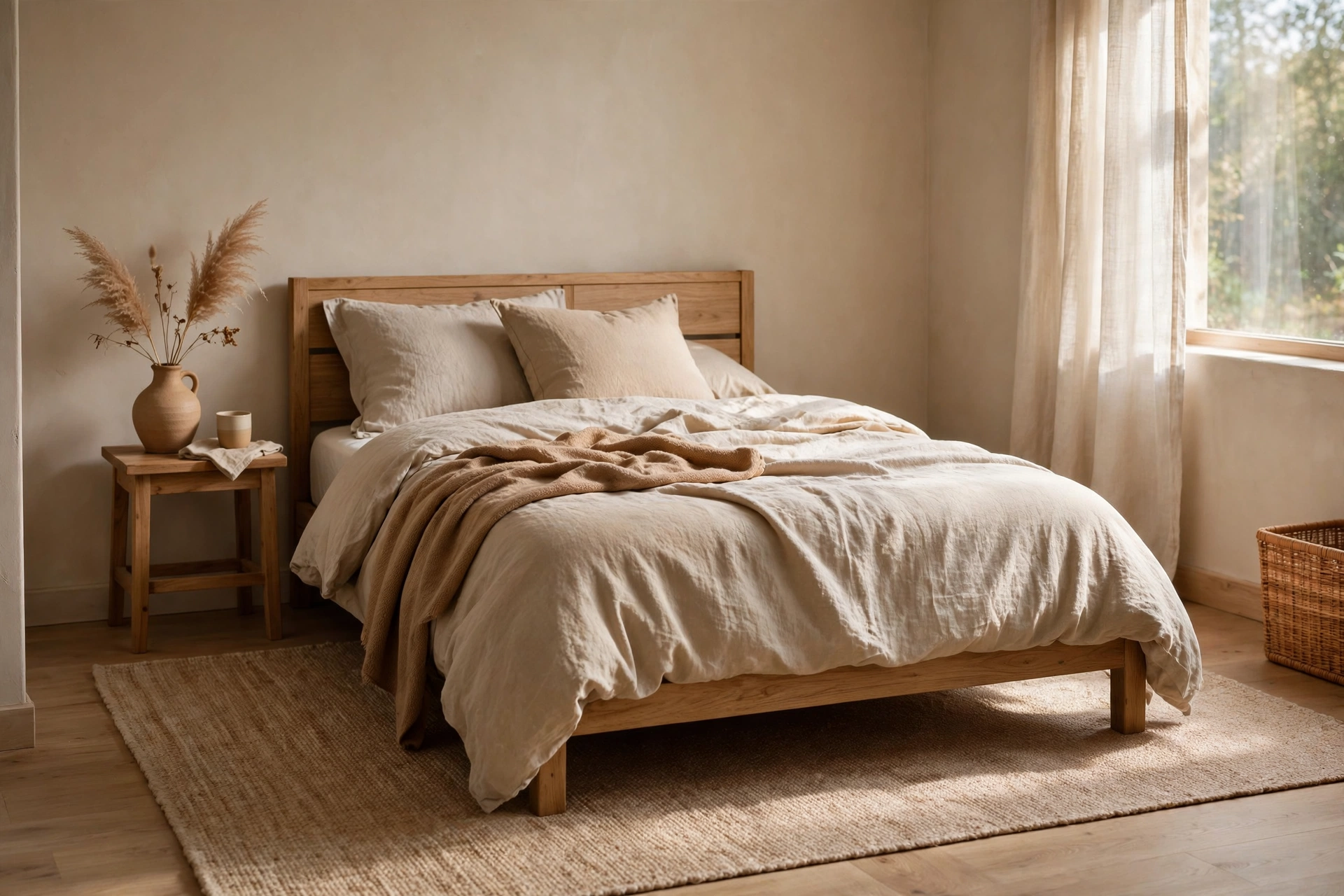 A small bedroom with one rug placed under the bed, extending beyond the sides.