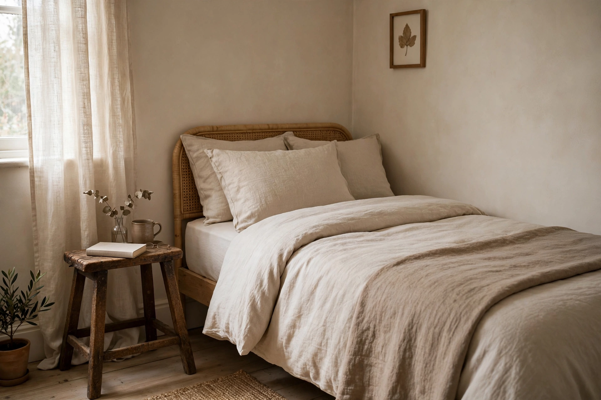 A small bedroom with one secondhand wooden stool used as a bedside table.
