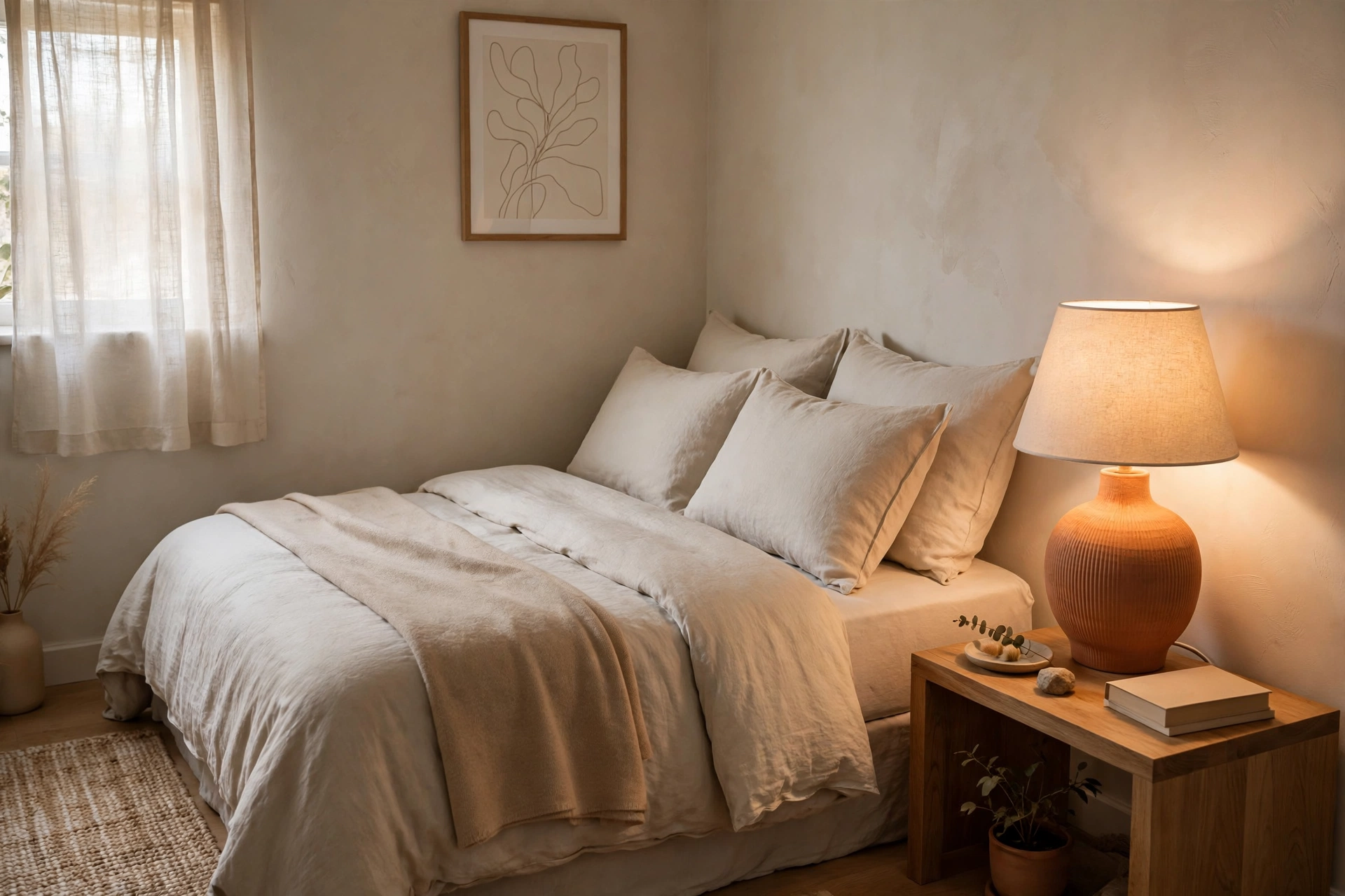 A small bedroom with one warm statement lamp on a side table, soft light.