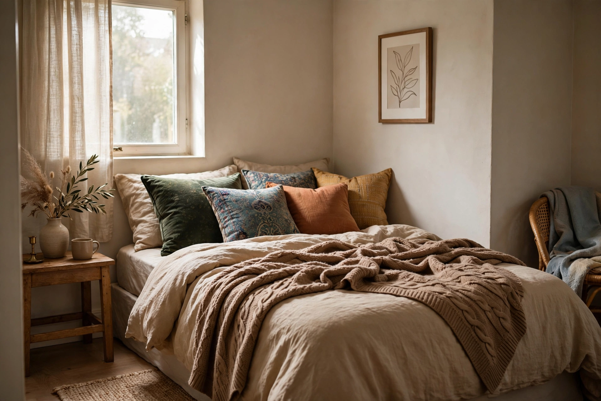 A small bedroom with a throw and cushions swapped from another room, layered on the bed.