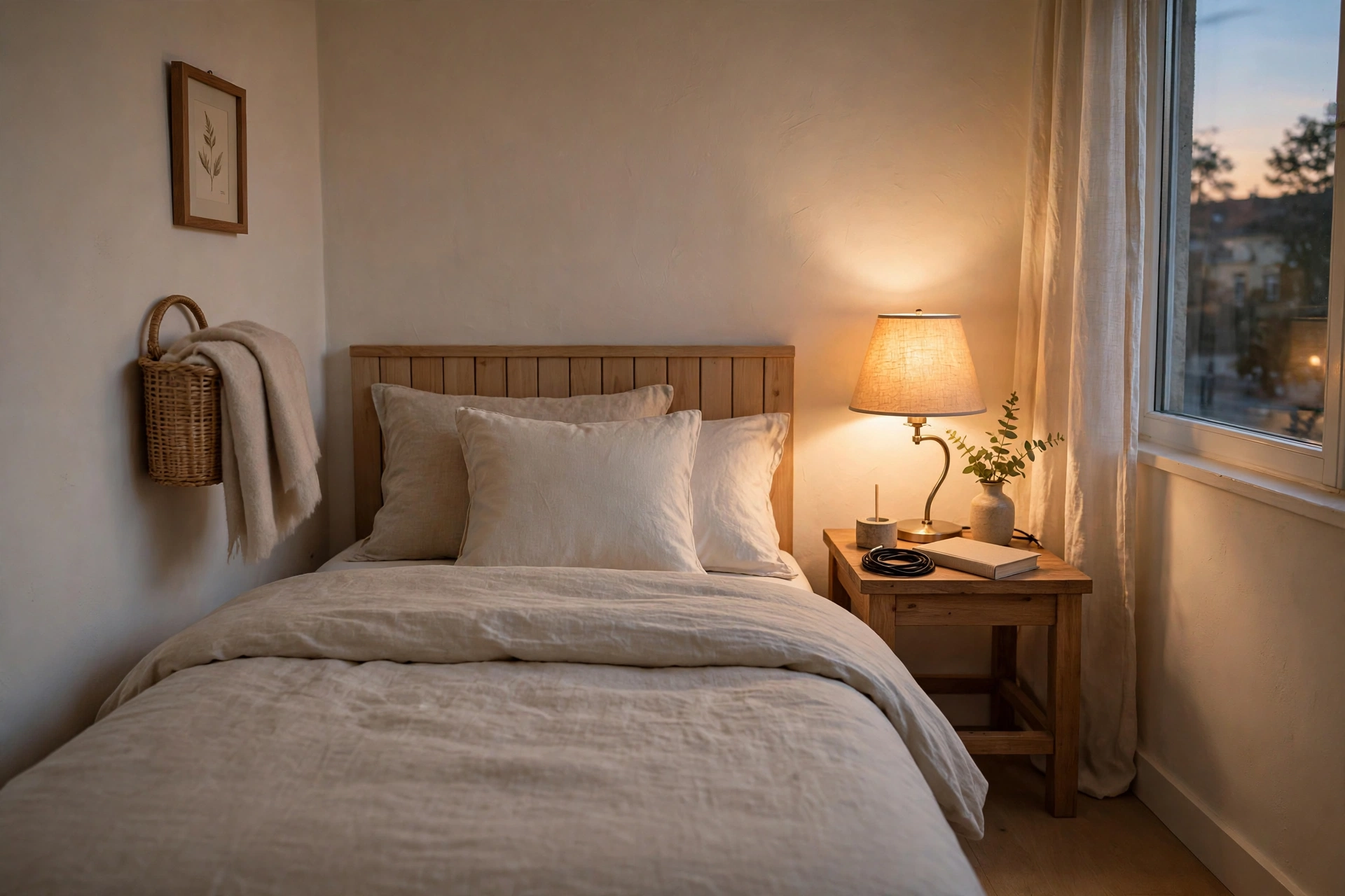 A small bedroom with a warm bedside lamp and a tidy cord, soft evening light.