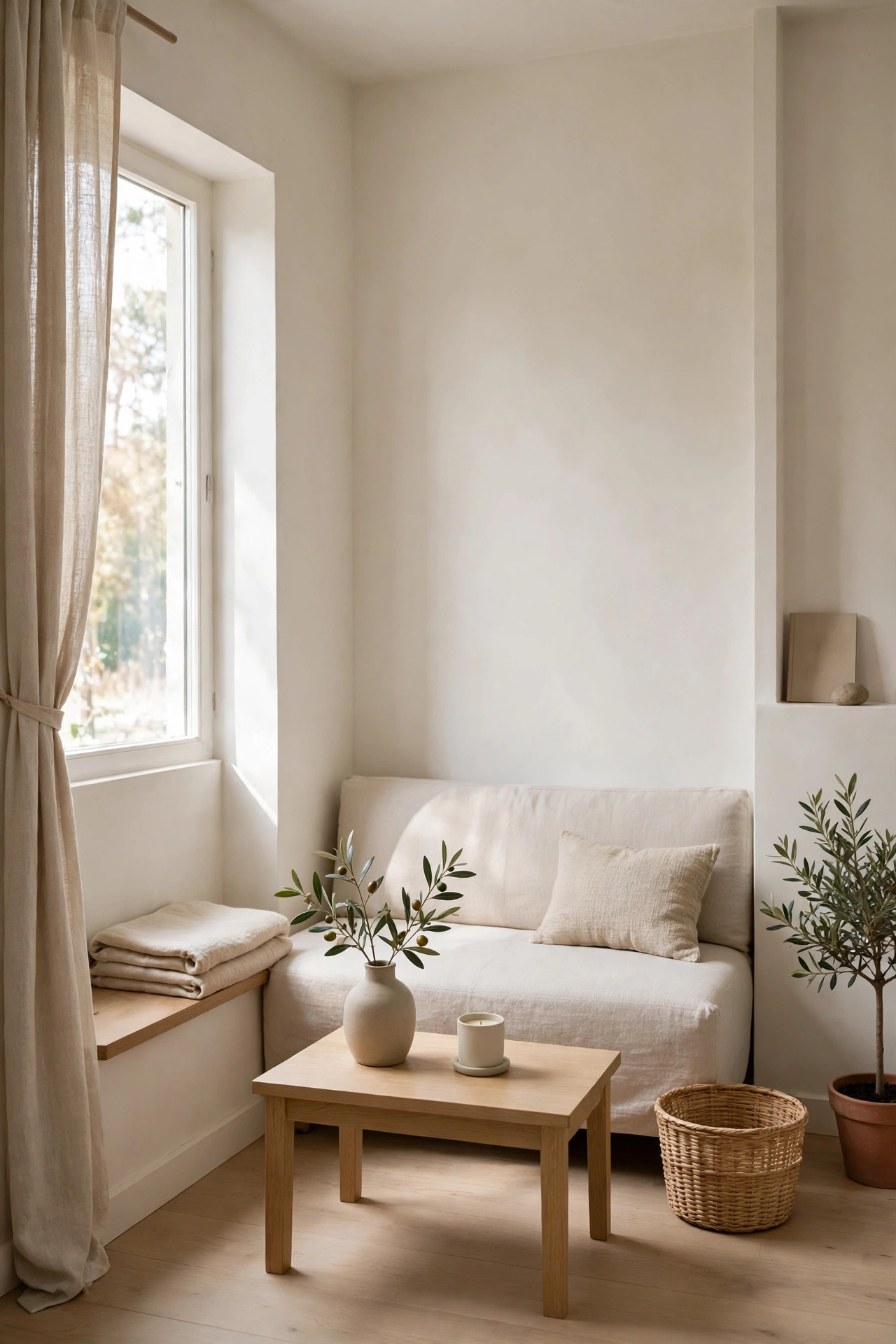 Tiny living room after removing decor pieces that did not work, surfaces clear and calm