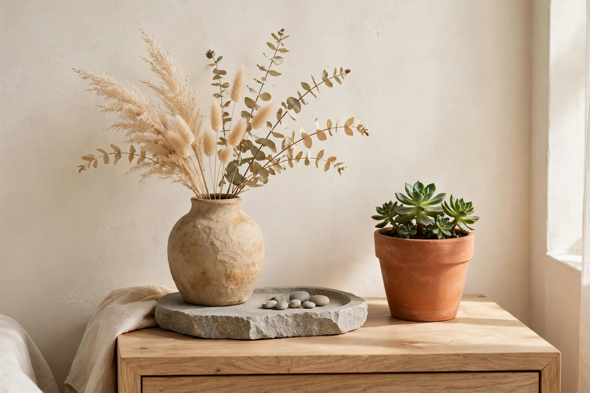 A nightstand with handmade clay ceramic vase and small stone tray, warm earthy styling