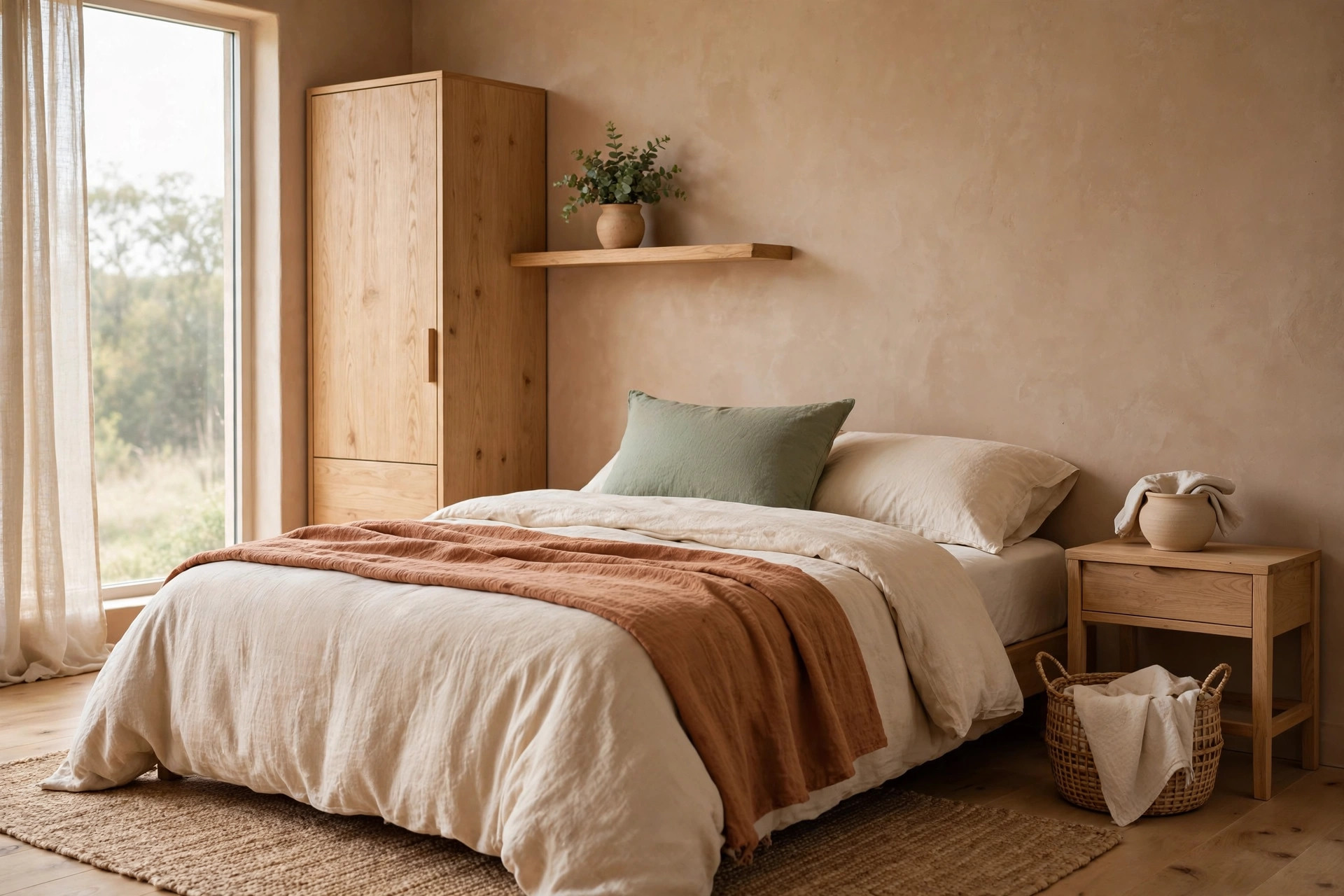 An earthy bedroom with one green accent, a small plant on a wooden shelf and a sage pillow